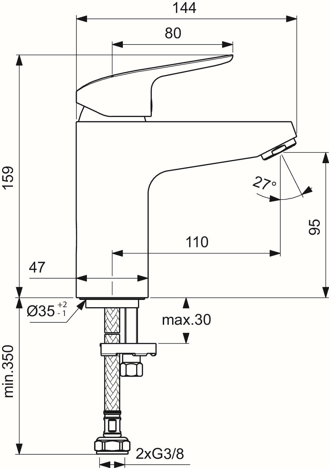 Ideal-Standard Waschtisch-Einhebelmischer CeraFlex Grande ohne Ablaufgarnitur, Ausladung 110mm, chrom