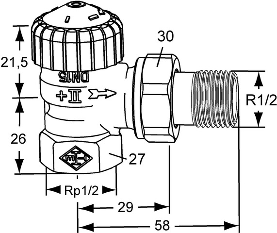 Heimeier Thermostat-Ventilunterteil V-exact II Rp 1/2 x R 1/2, Eck, Rotguss vernickelt