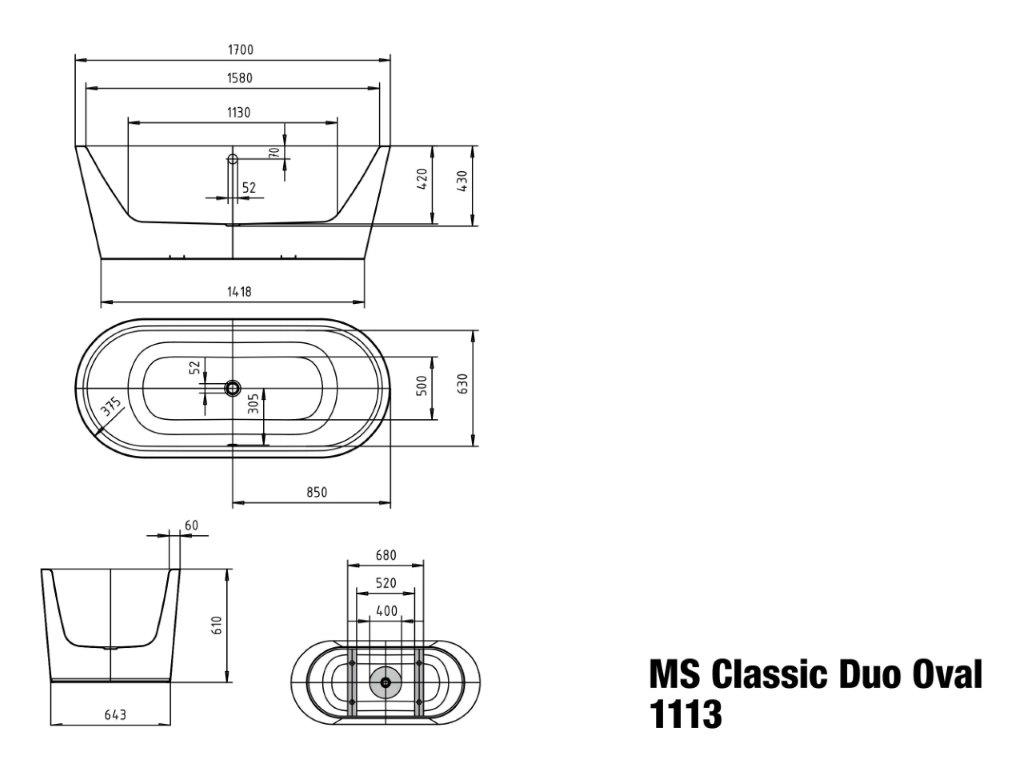 Kaldewei Badewanne CLASSIC DUO 1113 170x75cm, oval, freistehend, Antislip, schallschutz, weiß