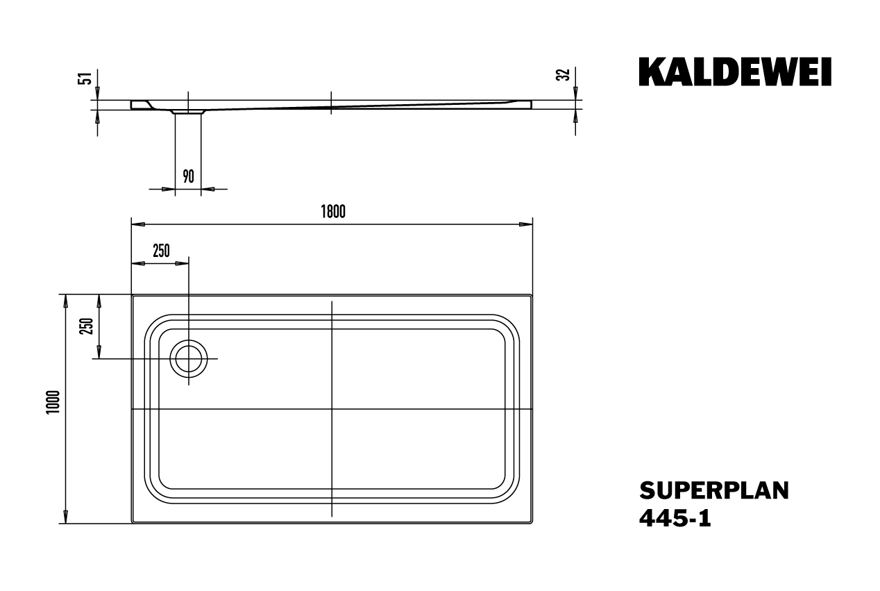 Kaldewei Duschwanne SUPERPLAN CLASSIC 445-1 100x180x5,1cm, Antislip Perl-Effekt, weiß