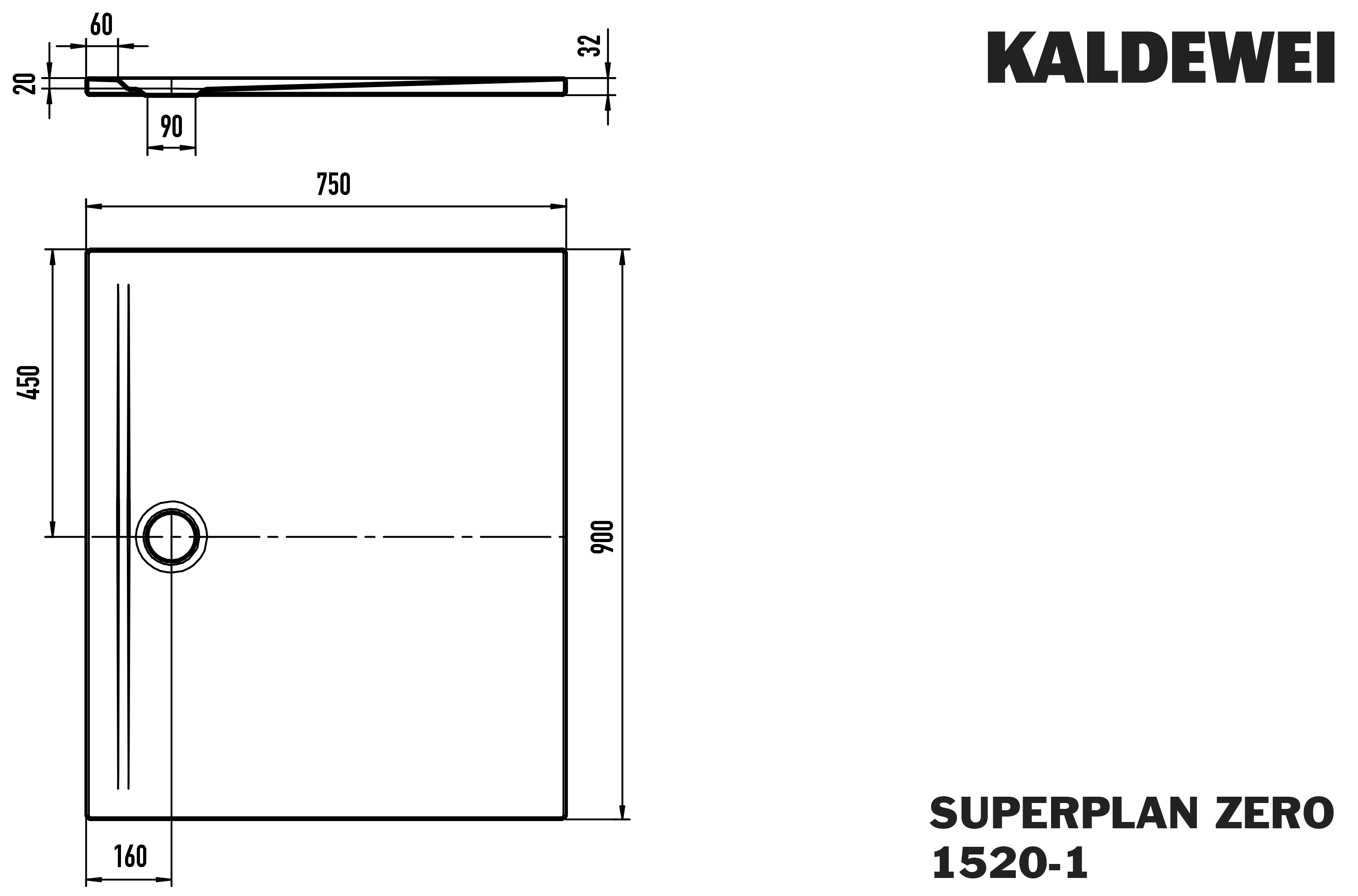 Kaldewei Duschwanne SUPERPLAN ZERO 1520-1 75x90cm, Perl-Effekt, schwarz matt100