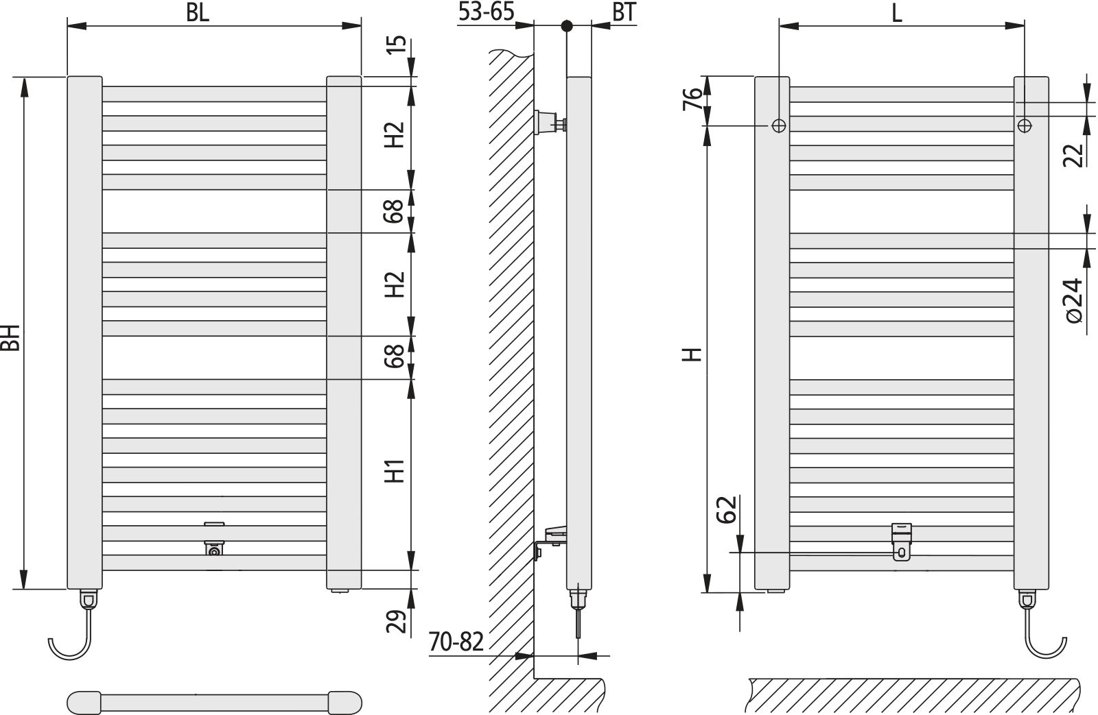 Kermi Bad-Heizkörper Basic-E 1448 x 599 mm, weiß, gerade, Elektro-Set WKS rechts