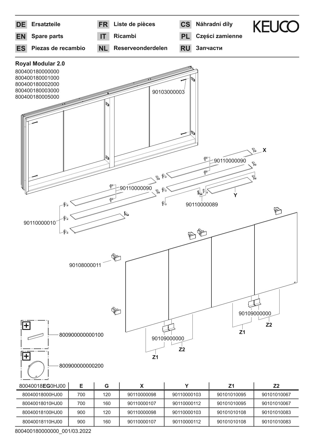 KEUCO Spiegelschrank Royal Modular 2.0 1800 x 900 x 160 mm, 4 Steckdosen, Wandeinbau, 4 Türen