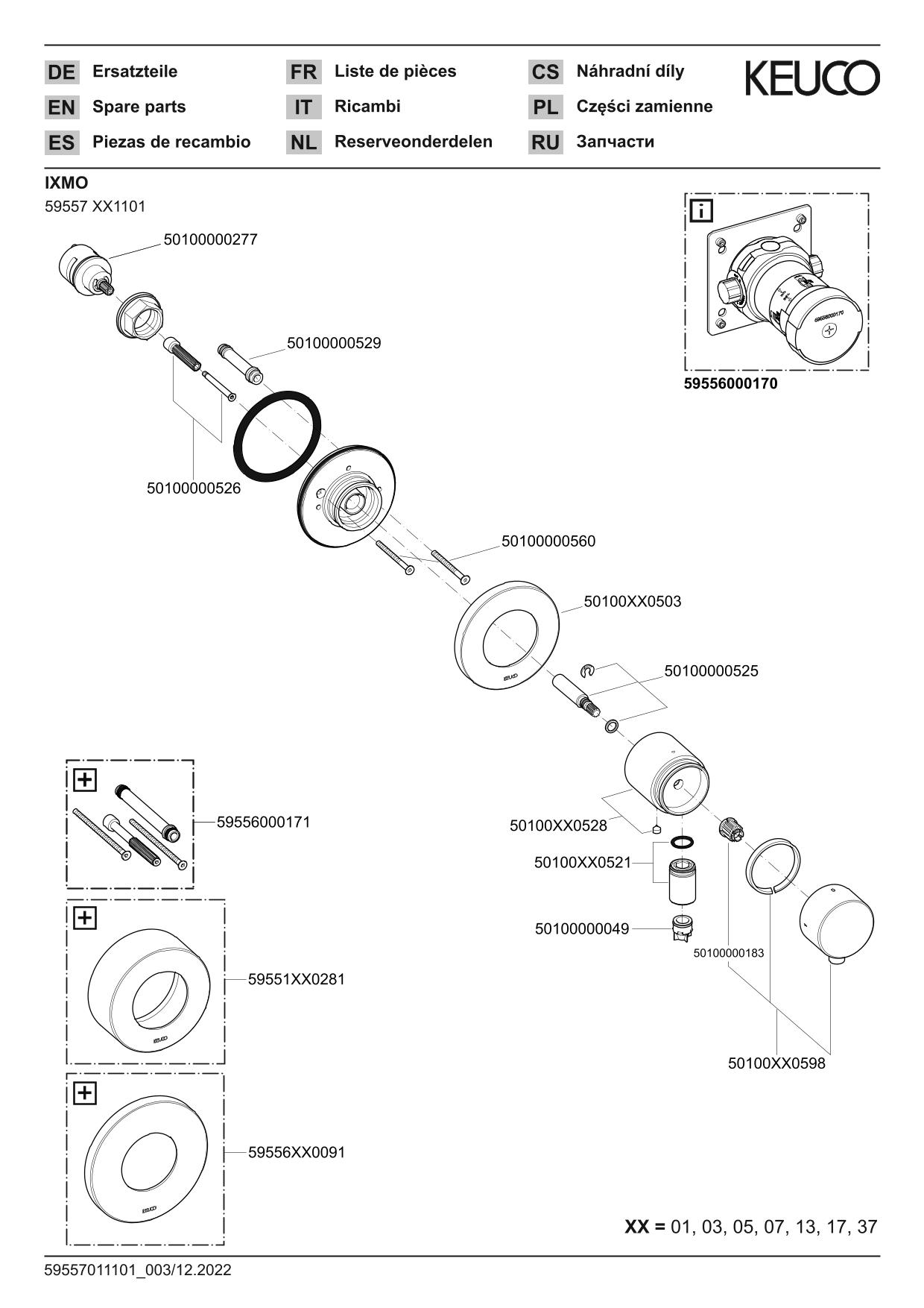 KEUCO Fertigmontageset IXMO UP-2-Wege-Ab-/Umstellventil, Schlauchanschluss, Griff Comfort, rund, schwarz matt