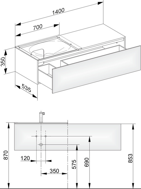 KEUCO Waschtischunterschrank Edition 11 140x35x53,5cm, Frontauszug links Innenbeleuchtung, Furnier Eiche Tabak