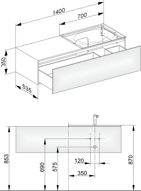 KEUCO Waschtischunterschrank Edition 11 140x35x53,5cm, Frontauszug rechts, Lack Seidenmatt, Glas Trüffel klar