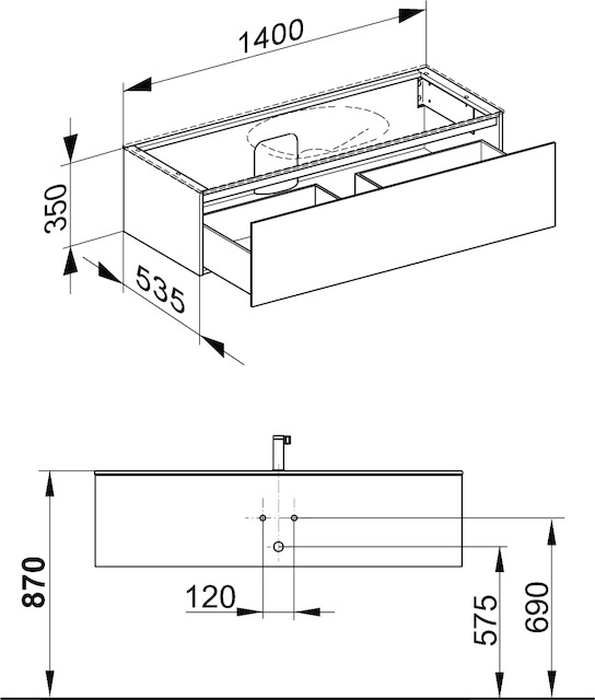 KEUCO Waschtischunterschrank Edition 11 Planning 140x35x53,5cm, 1 Frontauszug, Lack Seidenmatt, Glas Trüffel klar