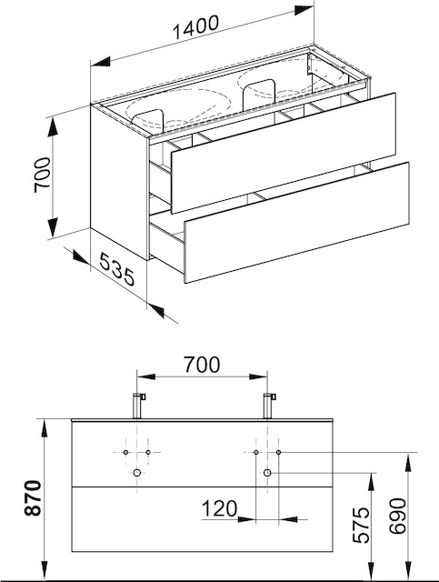 KEUCO Waschtischunterschrank Edition 11 Planning 140x70x53,5cm, 2 Frontauszüge, Strukturlack Anthrazit