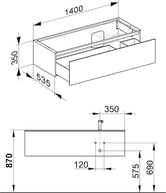 KEUCO Waschtischunterschrank Edition 11 Planning 140x35x53,5cm, 1 Frontauszug, rechts, Innenbeleuchtung, Lack Seidenmatt, Glas Trüffel klar