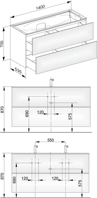KEUCO Waschtischunterschrank Edition 11 140x70x53,5cm, 2 Frontauszüge, Innenbeleuchtung, Lack Hochglanz Weiß