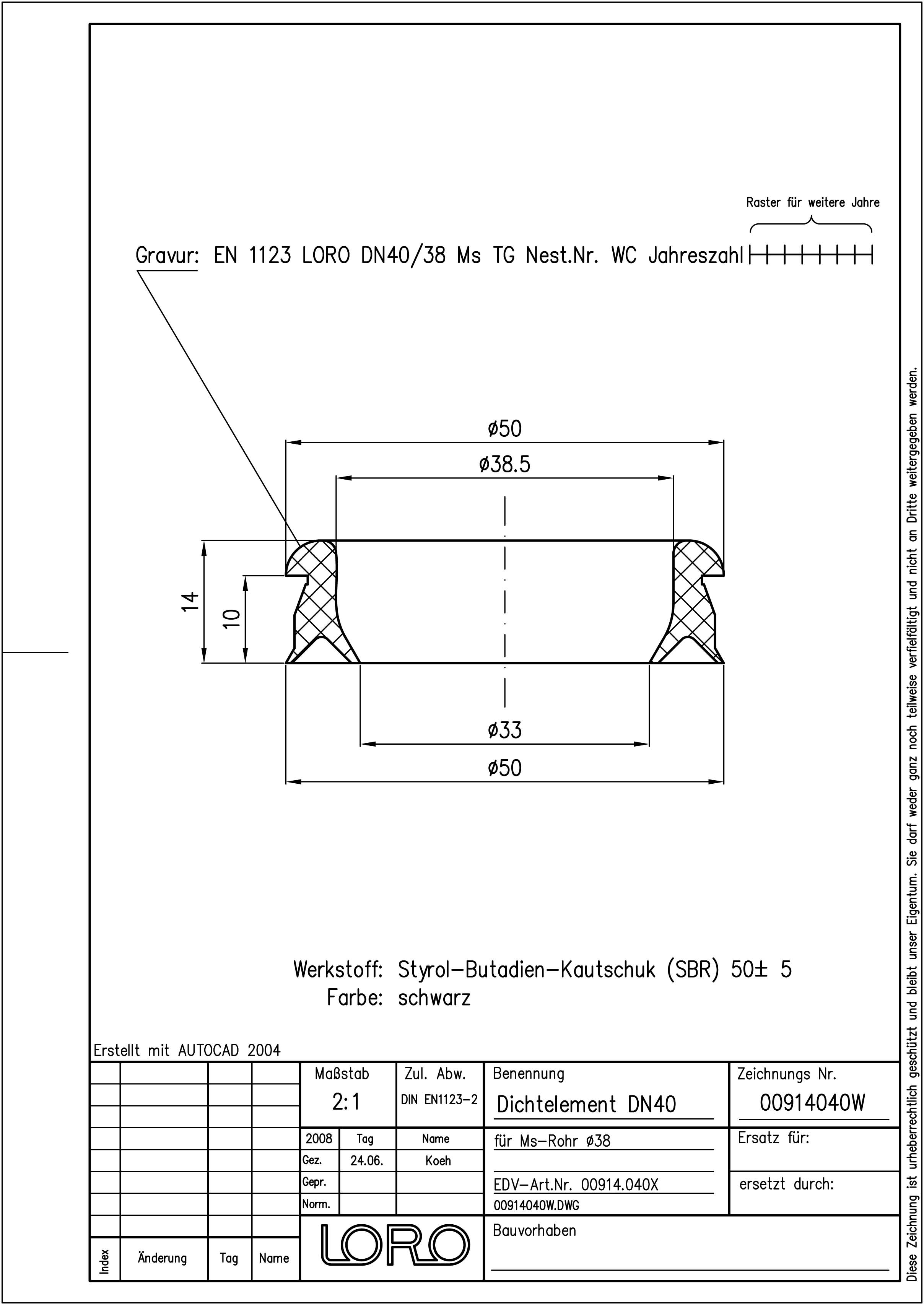 LORO LORO-X Dichtelement DN 40, MS-Rohr 38, Kunststoff-Siphon 40/LX-Muffe