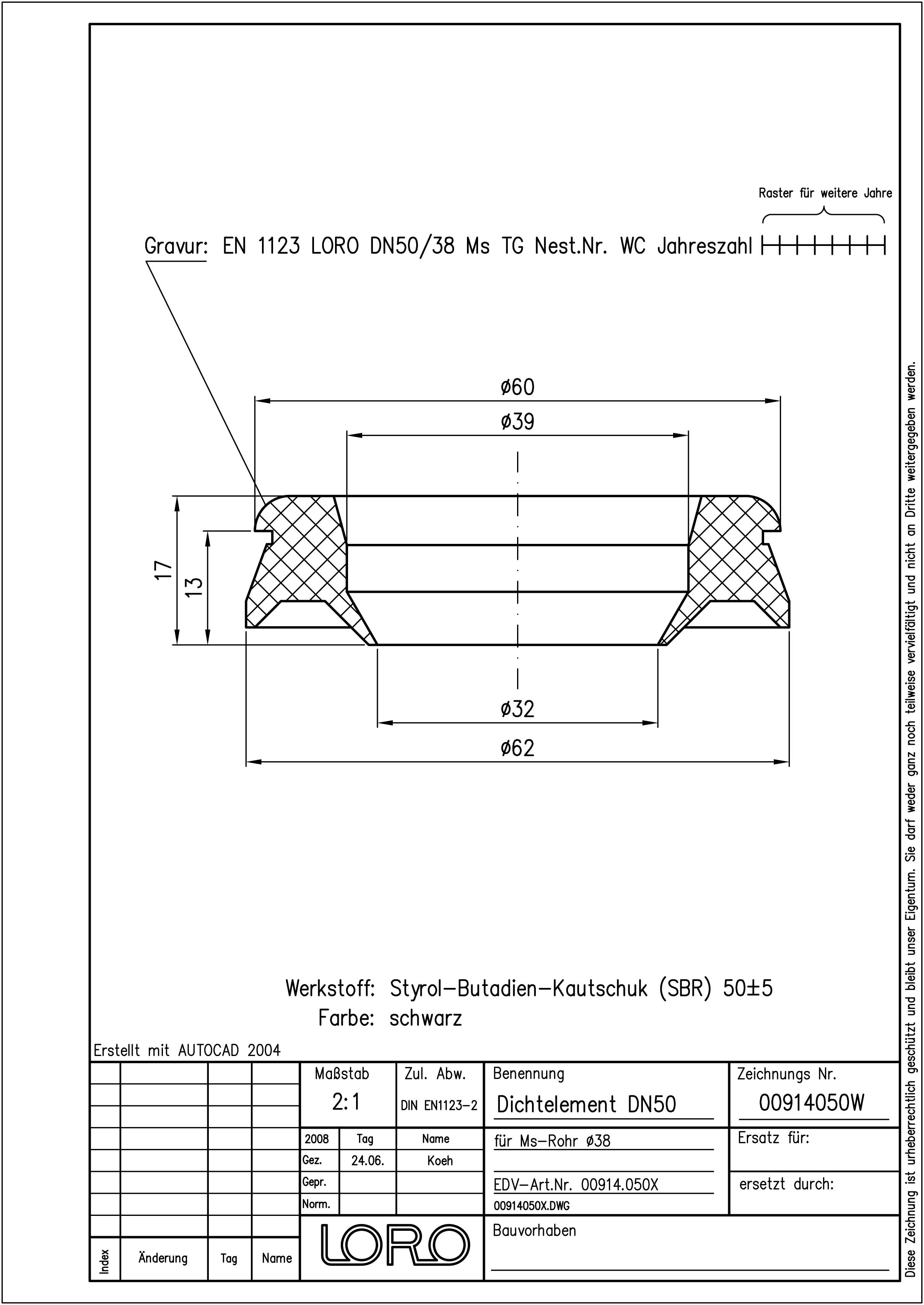 LORO X Dichtelement DN 50, MS-Rohr 38, Kunststoff-Siphon 40/LX-Muffe