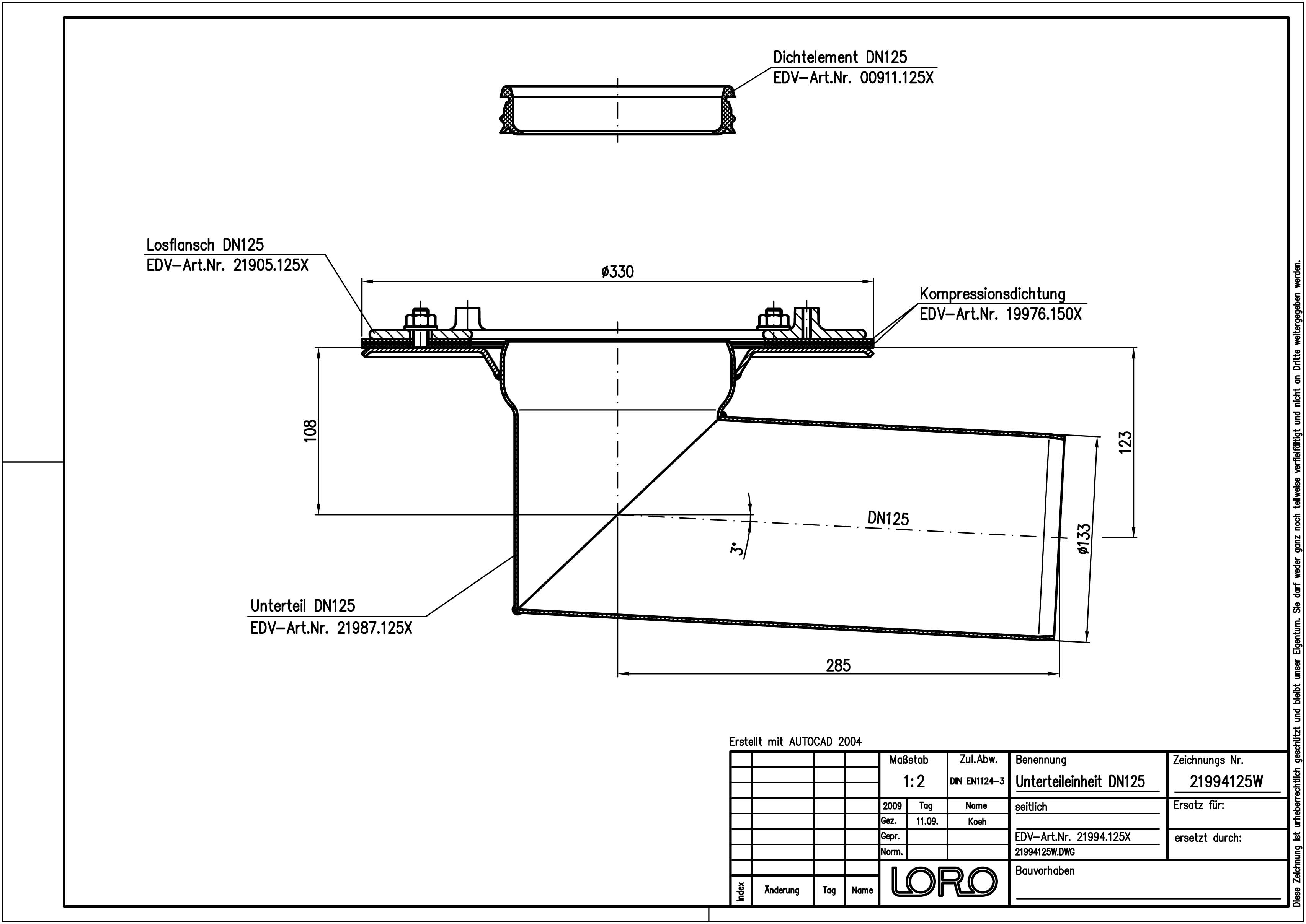 LORO DRAINLET Grundeinheit Serie 84 DN 125, ohne Wärmedämmung, Klemmflansch, Auslauf seitlich 3Grad