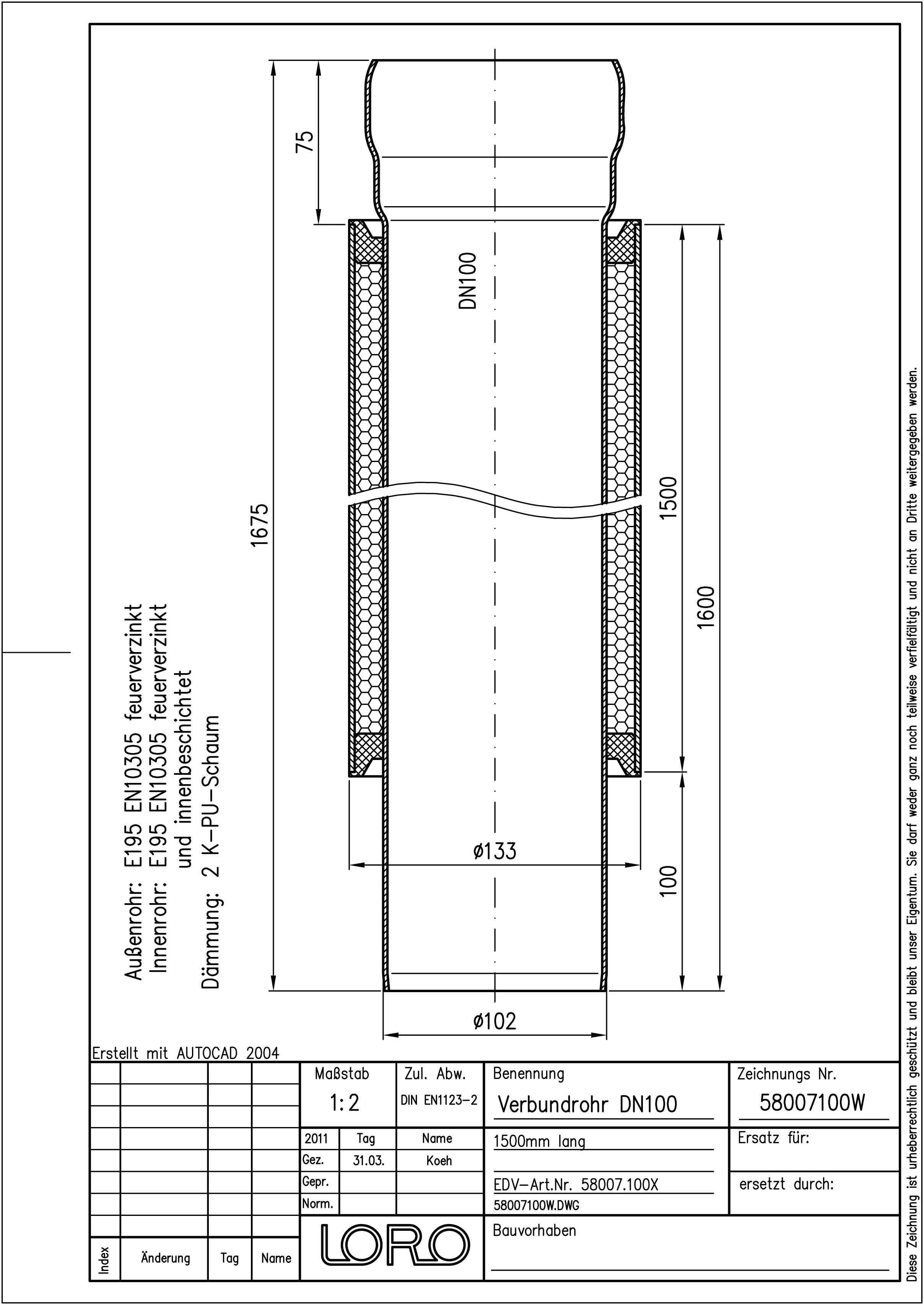 LORO Brandschutzelement DN 100, Außenrohr 1500 mm lang, mit freiliegender Muffe