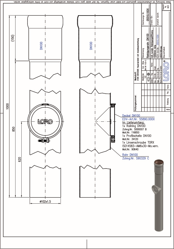 LORO LORO-X Regenstandrohr 1000 mm, DN 100, mit Reinigungsöffnung, rund, aus Stahl