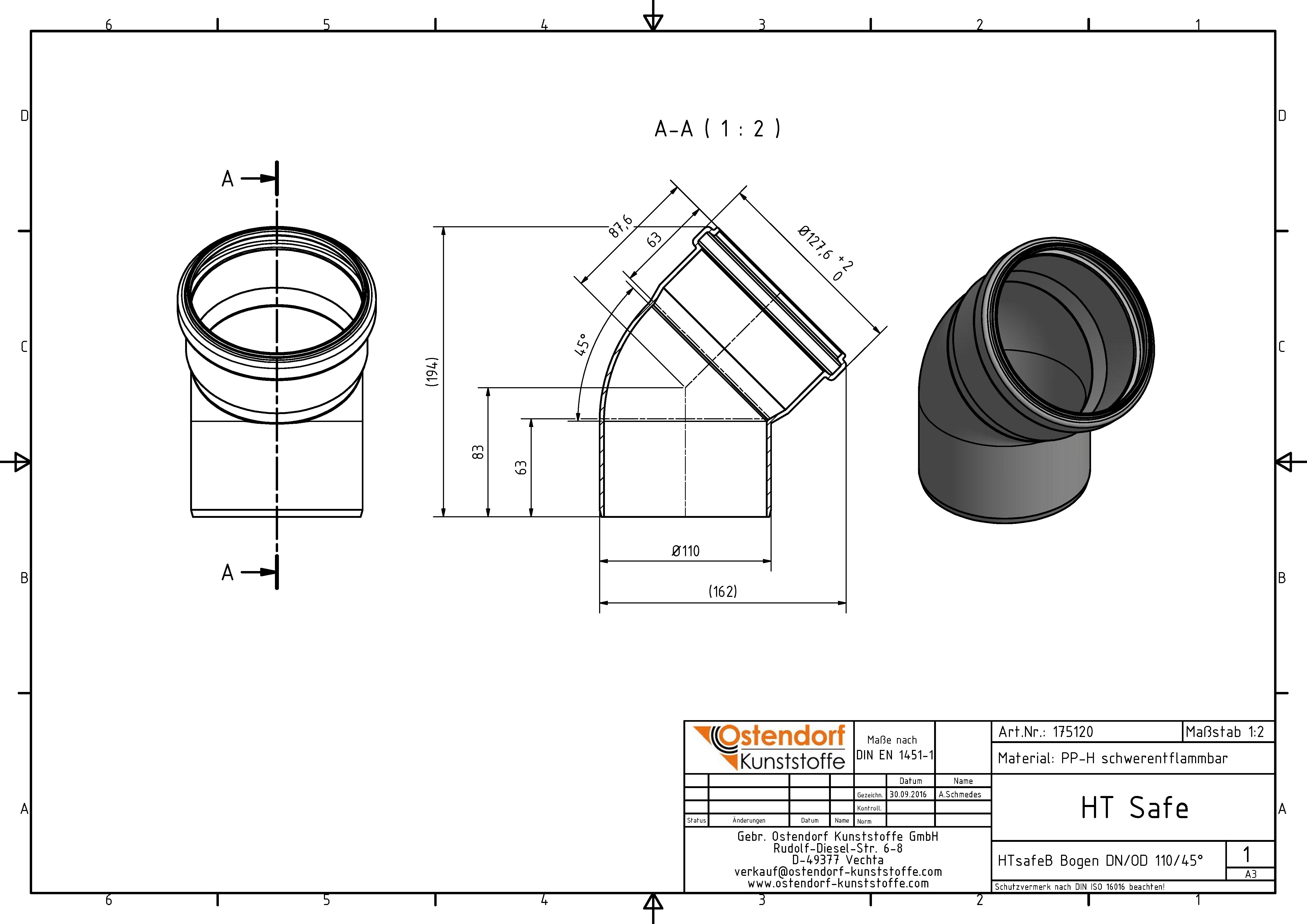 Ostendorf HTsafe Bogen B DN/OD 110, 45°