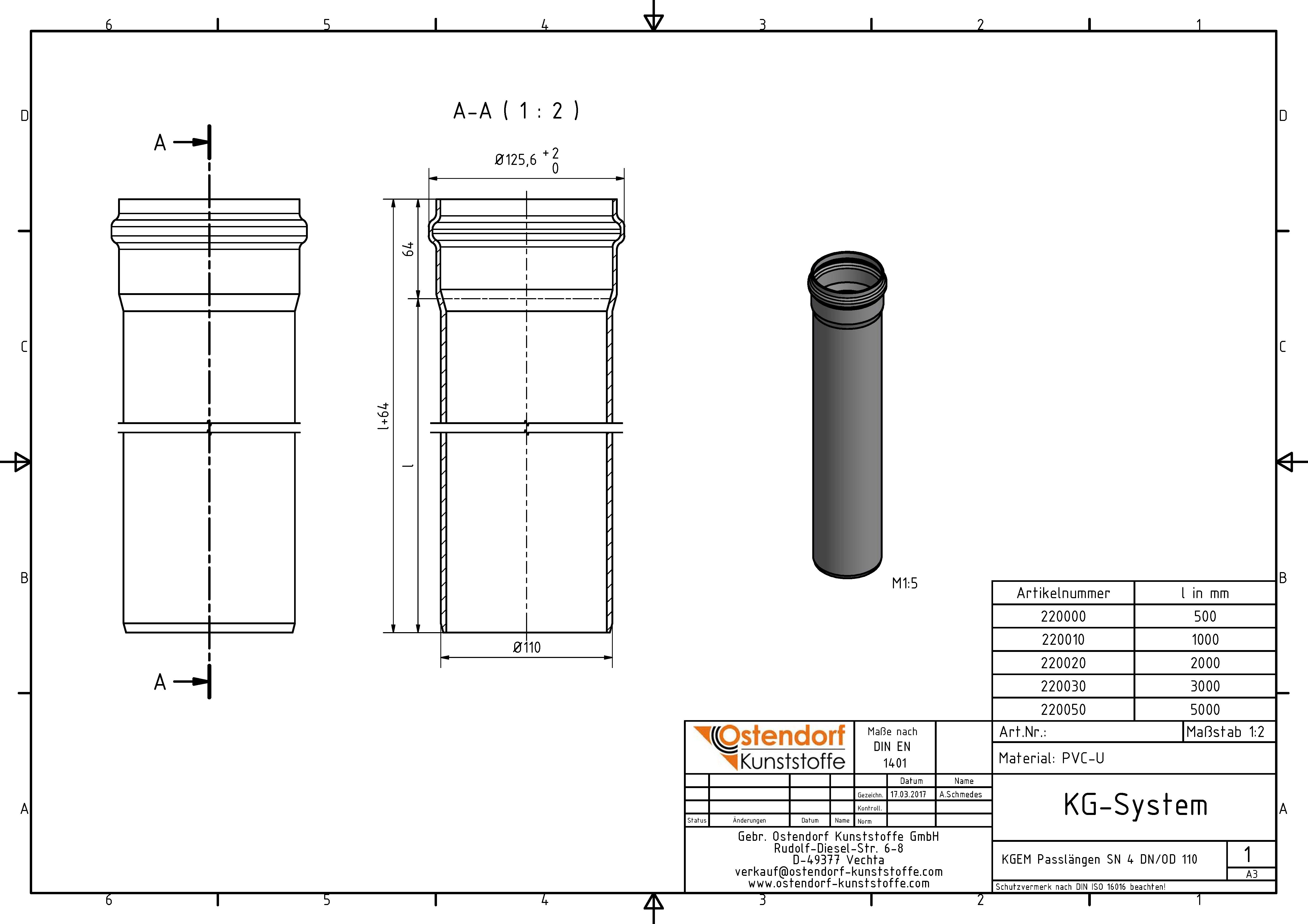 Ostendorf KG Rohr SN 4 Coex EM DN/OD 110 x 3,2 mm, 5000 mm, mit Muffe