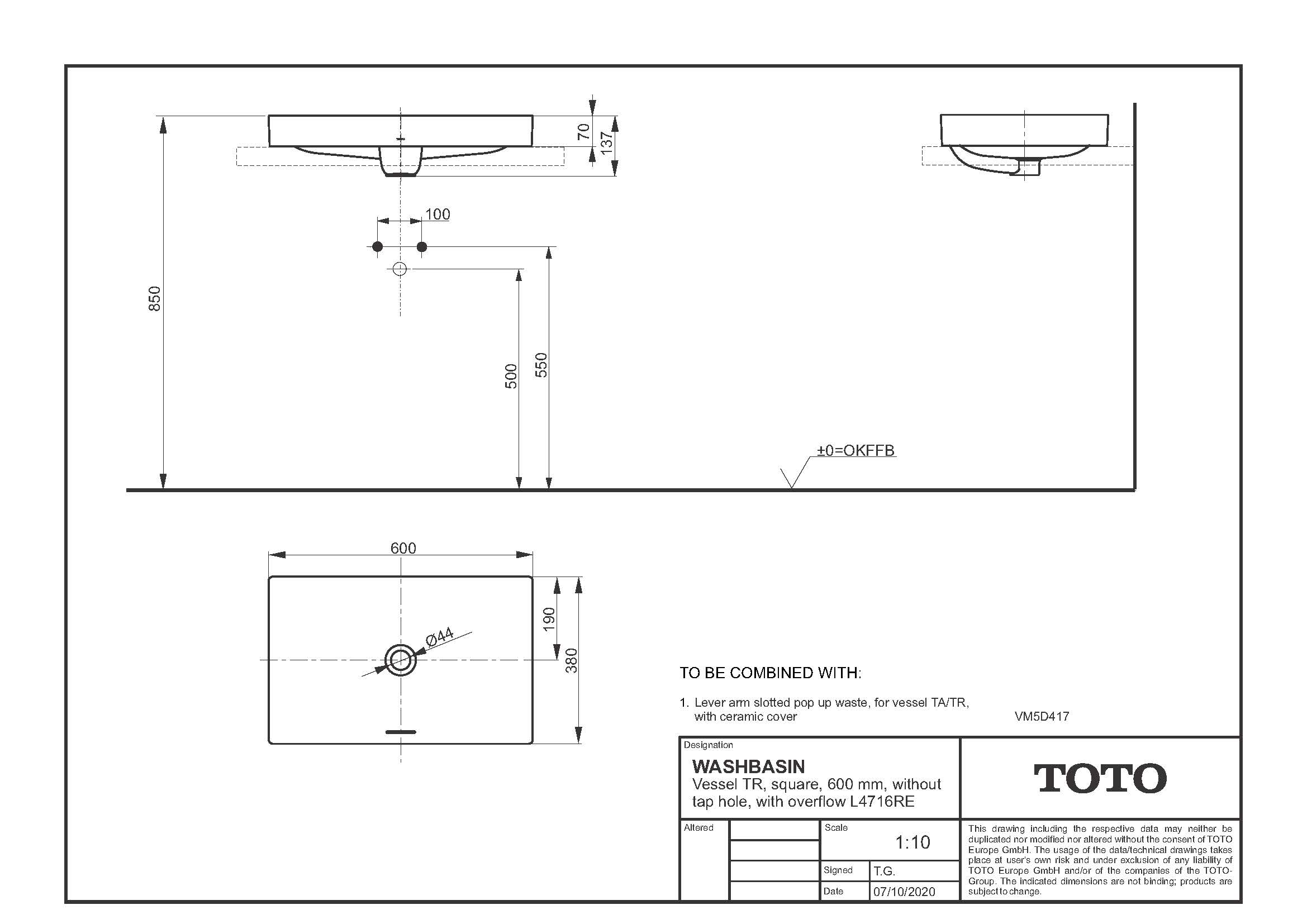 TOTO Aufsatzwaschtisch TR 60x38x13,7cm, ohne Hahnloch, mit Überlauf, eckig, weiß