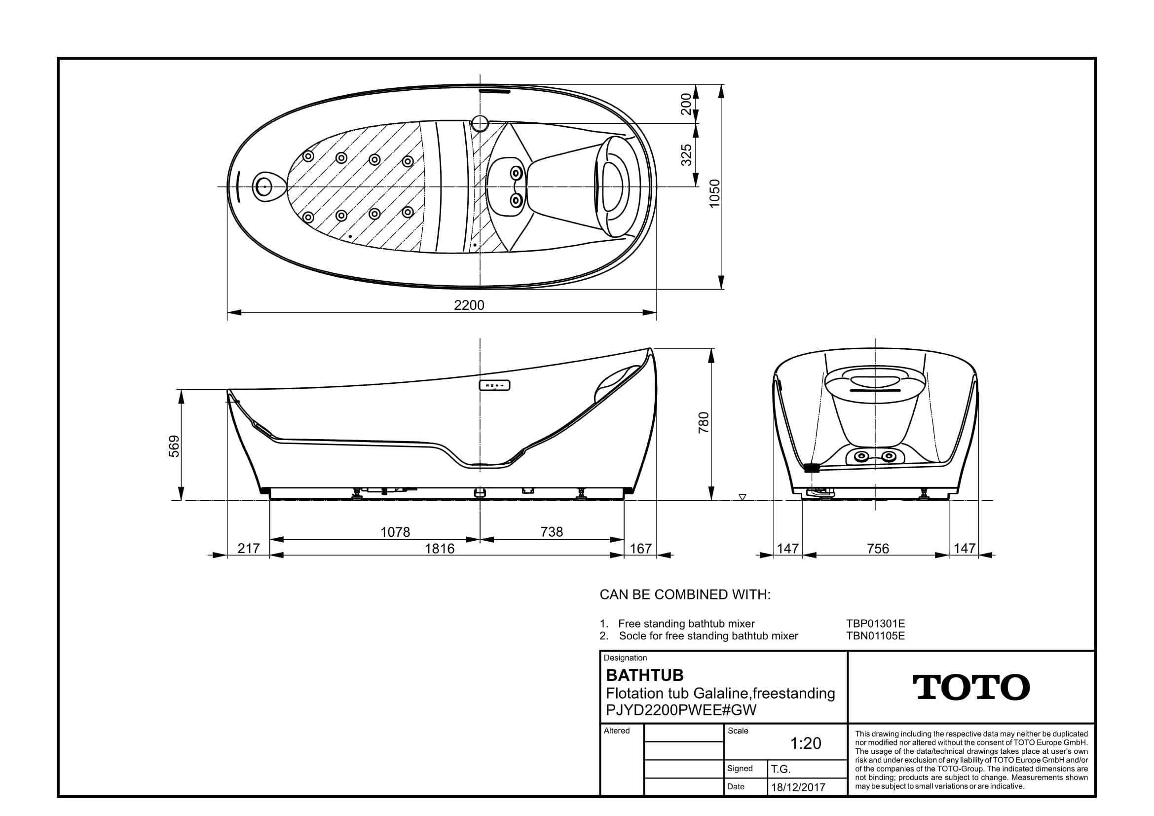 TOTO Freistehwanne Floating 220x105x78,5cm, weiß