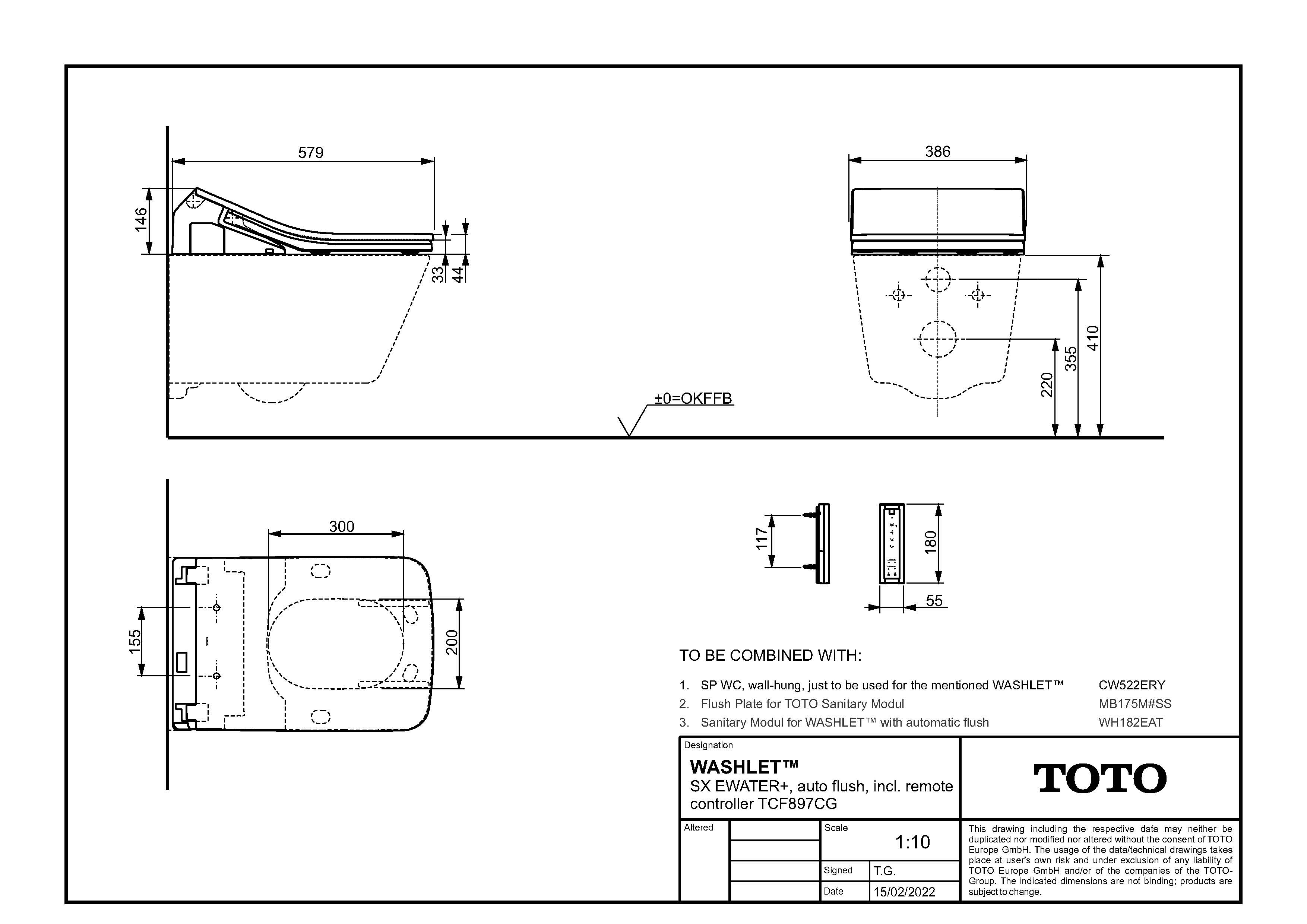 TOTO WC-Sitz-Aufsatz Washlet SX EWATER+autoflush 38,6x57,9x14,6cm, mit Fernbedienung, für automatische Spülung, weiß