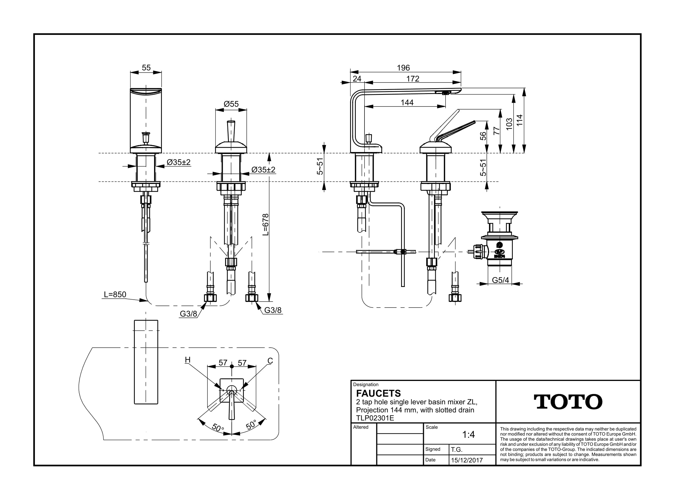 TOTO 2-Loch-Waschtisch-Einhebelmischer ZL 144mm, mit Schaftventil, chrom