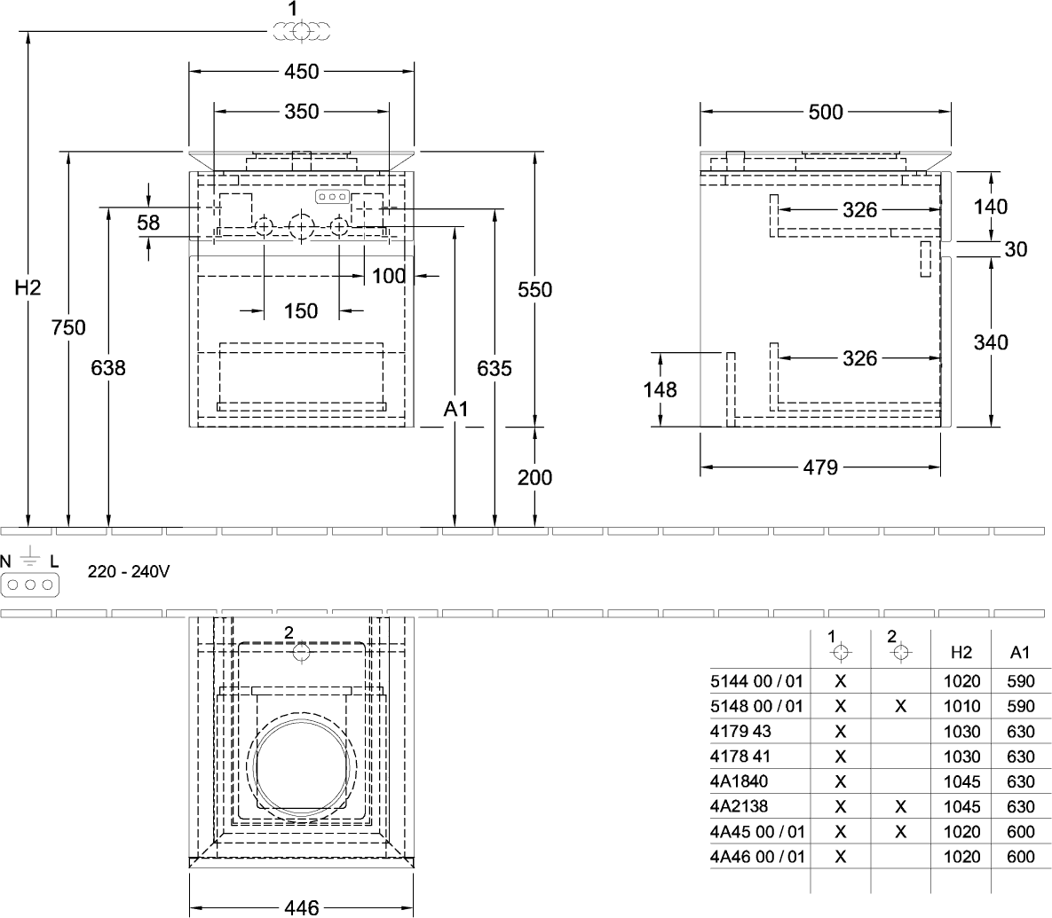 V&B Waschtischunterschrank Legato 45x55x50cm, Waschtisch mittig, mit LED-Beleuchtung, Black Matt Lacquer