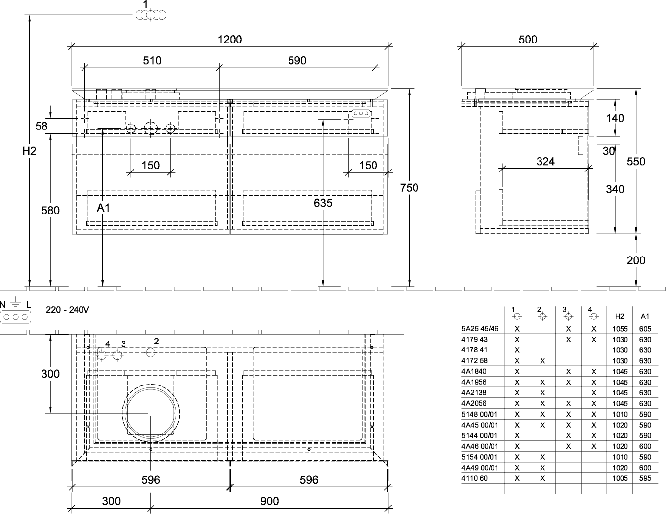 V&B Waschtischunterschrank Legato 120x55x50cm, Waschtisch links, mit LED-Beleuchtung, Black Matt Lacquer