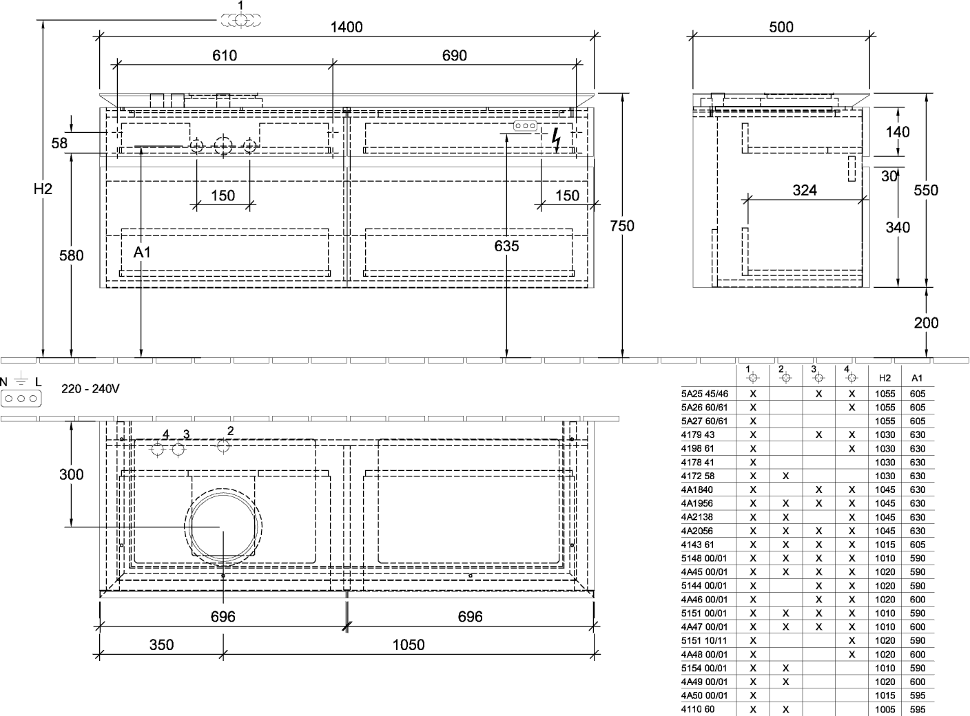 V&B Waschtischunterschrank Legato 140x55x50cm, Waschtisch links, mit LED-Beleuchtung, Arizona Oak