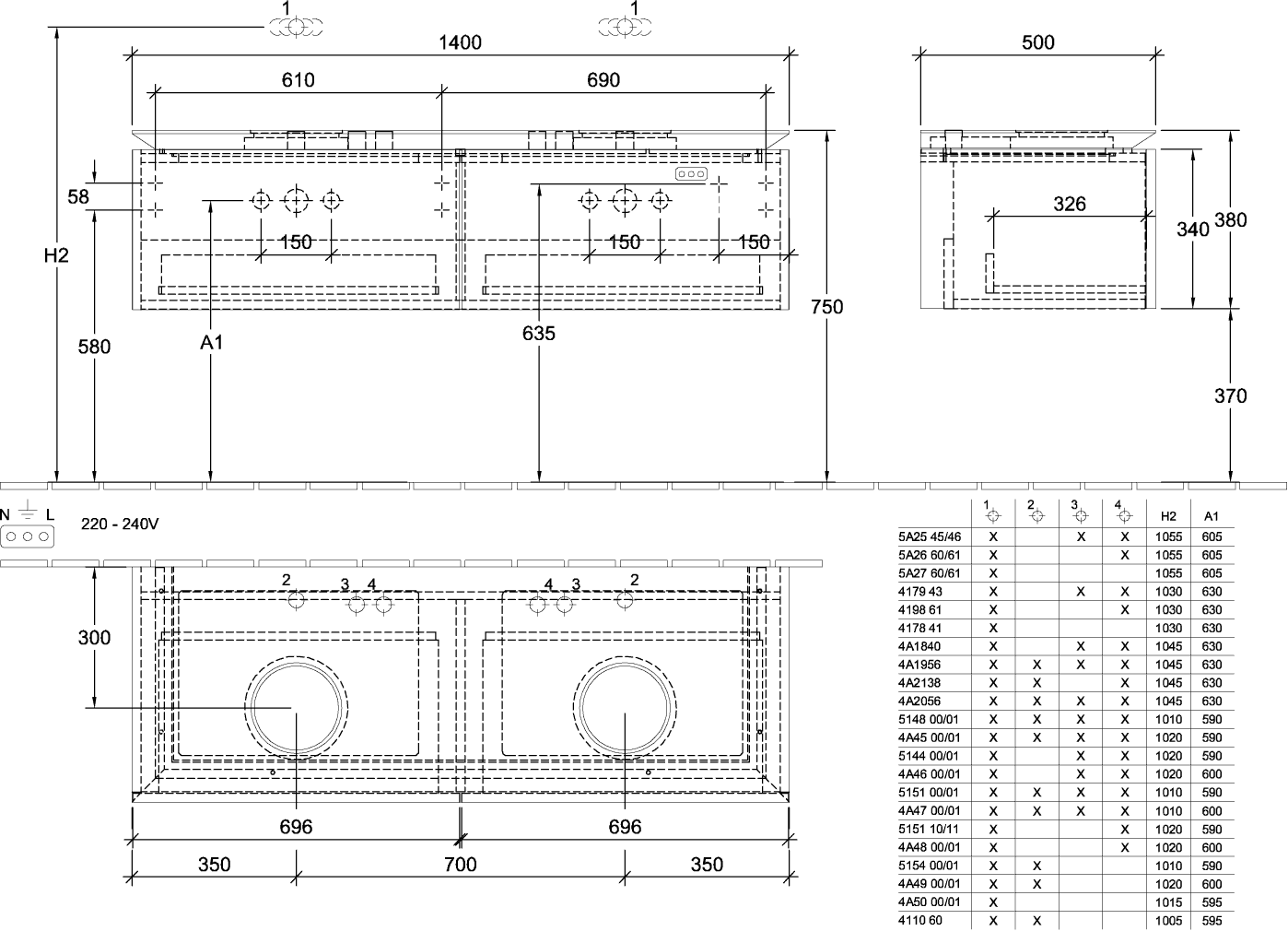 V&B Waschtischunterschrank Legato 140x38x50cm, für 2 Waschtische, mit LED-Beleuchtung, Soft Grey
