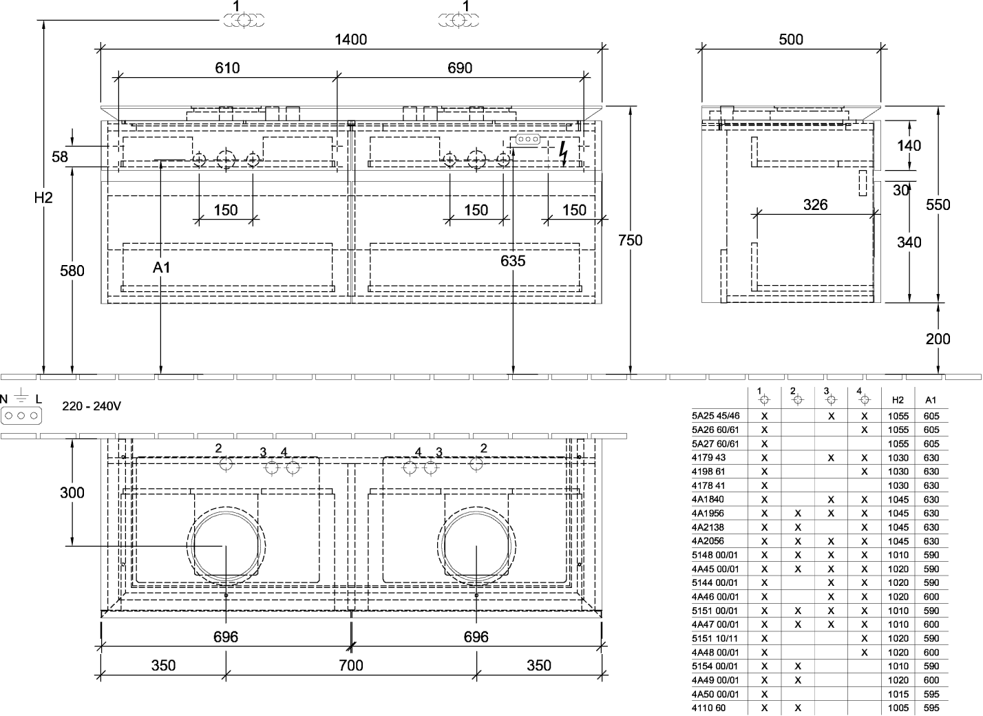 V&B Waschtischunterschrank Legato 140x55x50cm, für 2 Waschtische, mit LED-Beleuchtung, White Matt