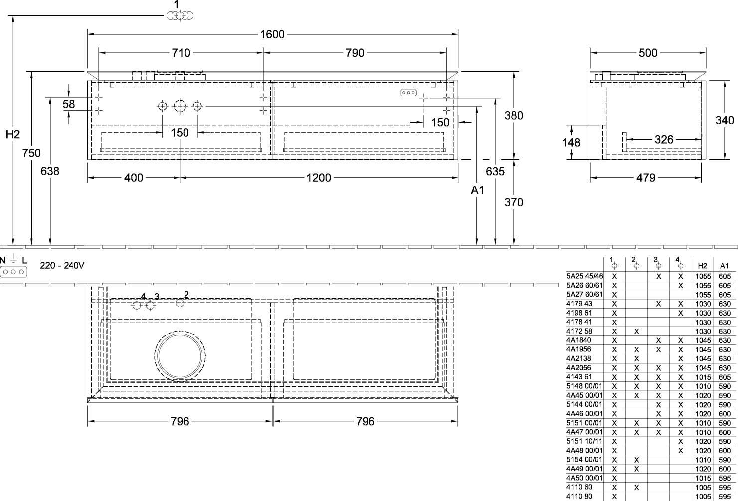 V&B Waschtischunterschrank Legato 160x38x50cm, Waschtisch links, mit LED-Beleuchtung, Arizona Oak