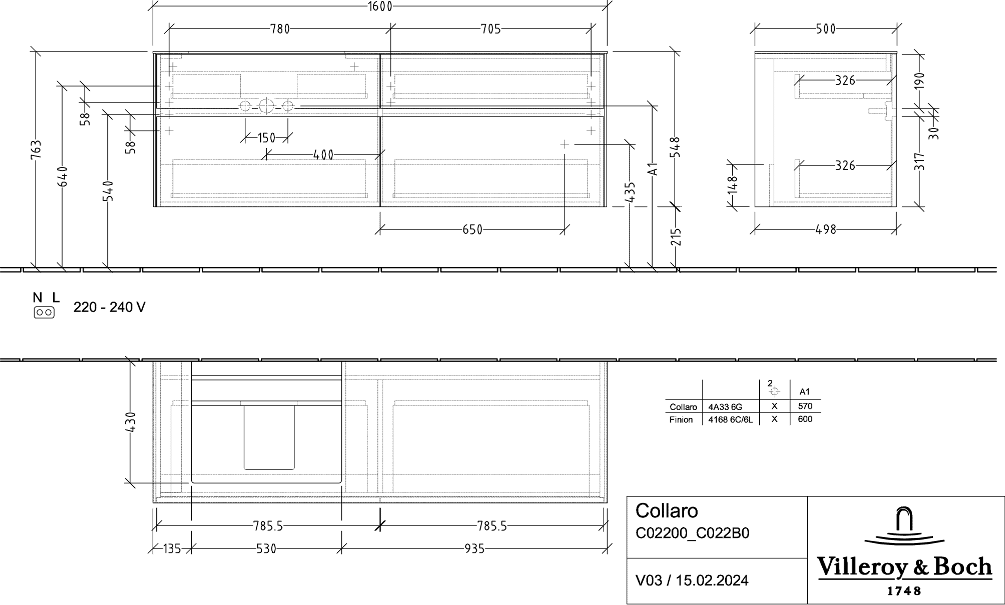 V&amp;B Waschtischunterschrank Collaro 160x54,8x50cm, Waschtisch links, LED-Beleuchtung 12W, arizona oak