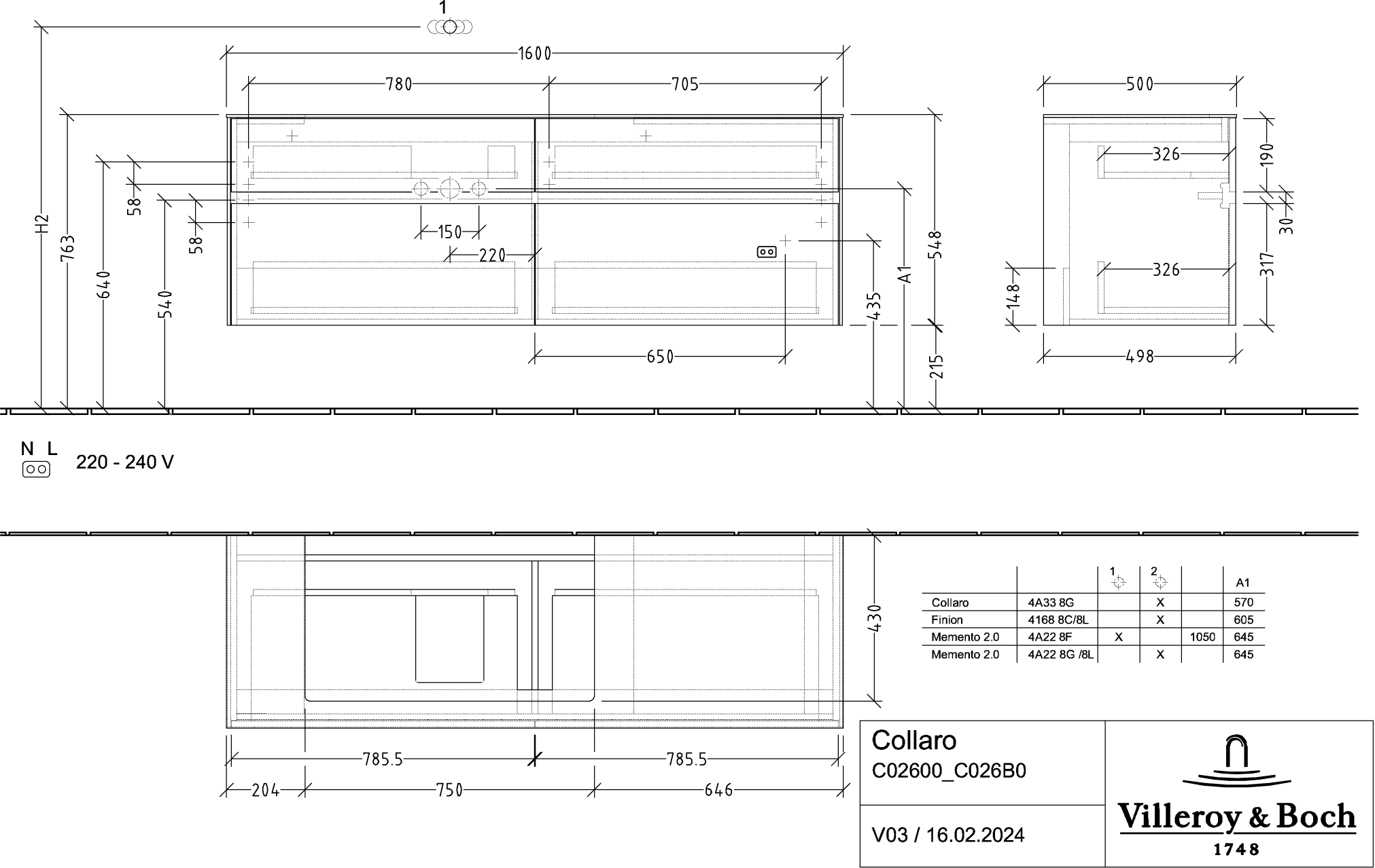 V&amp;B Waschtischunterschrank Collaro 160x54,8x50cm, Waschtisch links, LED-Beleuchtung 12W, kansas oak