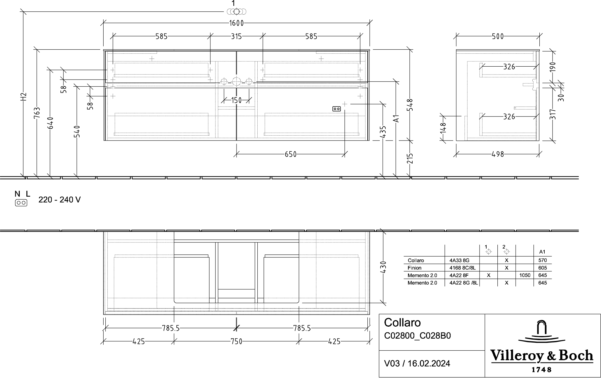 V&amp;B Waschtischunterschrank Collaro 160x54,8x50cm, Waschtisch mittig, LED-Beleuchtung 12W, stone oak