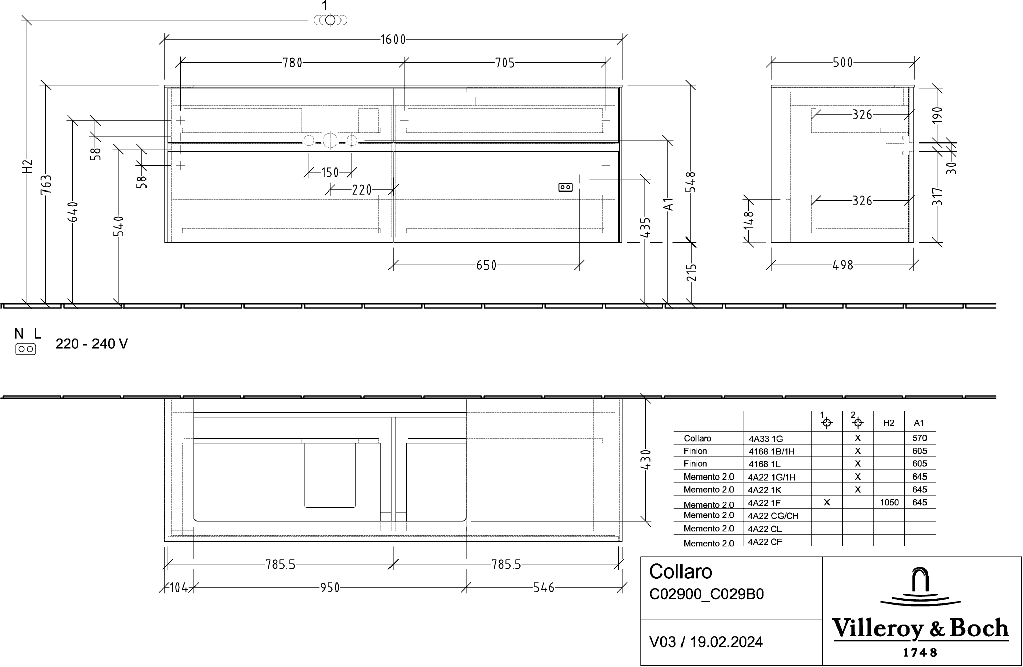 V&amp;B Waschtischunterschrank Collaro 160x54,8x50cm, Waschtisch links, mit LED-Beleuchtung, stone oak