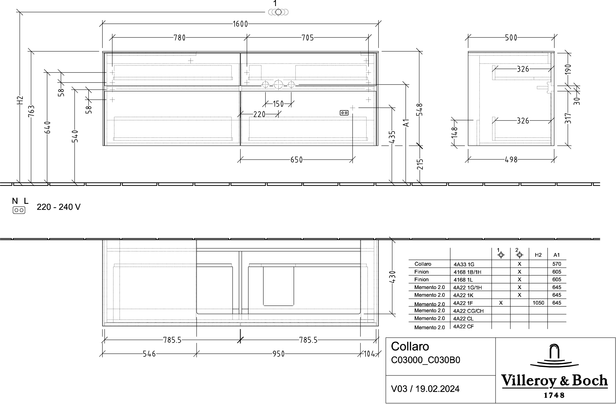 V&amp;B Waschtischunterschrank Collaro 160x54,8x50cm, Waschtisch rechts, LED-Beleuchtung 12W, glossy grey