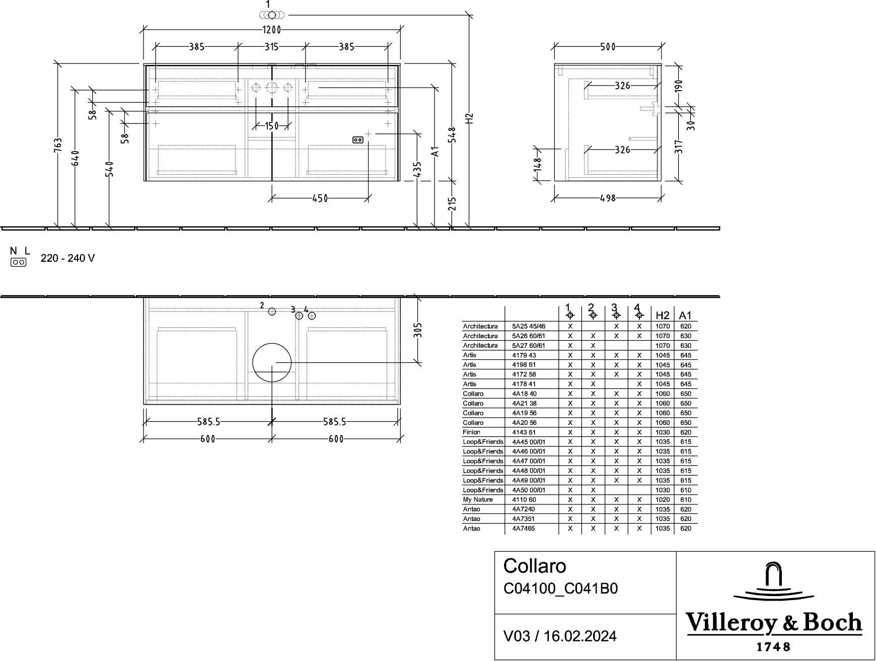 V&amp;B Waschtischunterschrank Collaro 120x54,8x50cm, Waschtisch mittig, LED-Beleuchtung 8,8 W, arizona oak