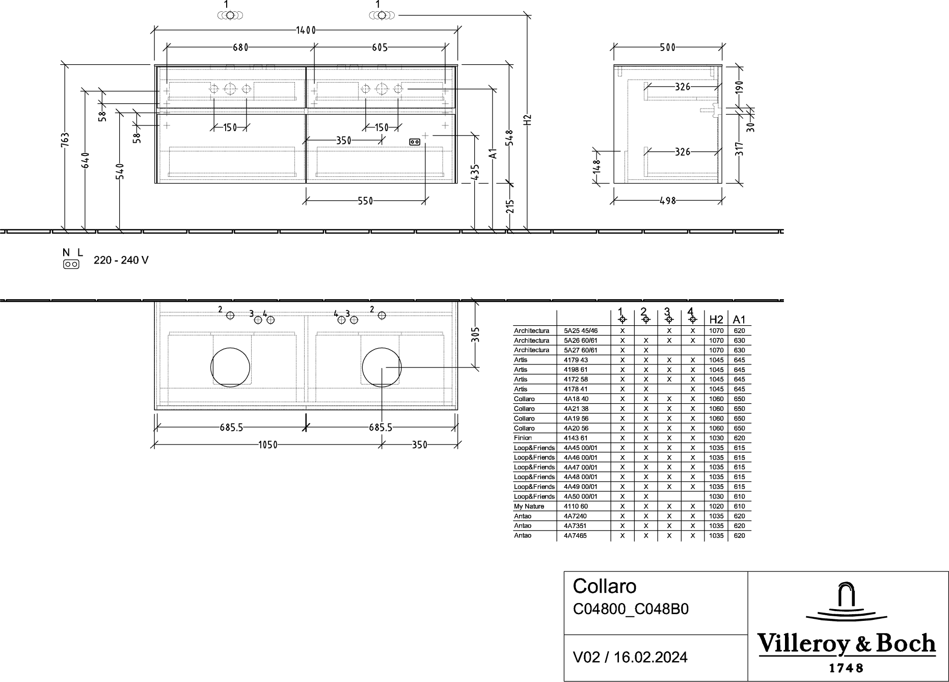 V&amp;B Waschtischunterschrank Collaro 140x54,8x50cm, für 2 Waschtische, LED-Beleuchtung 10,4 W, arizona oak