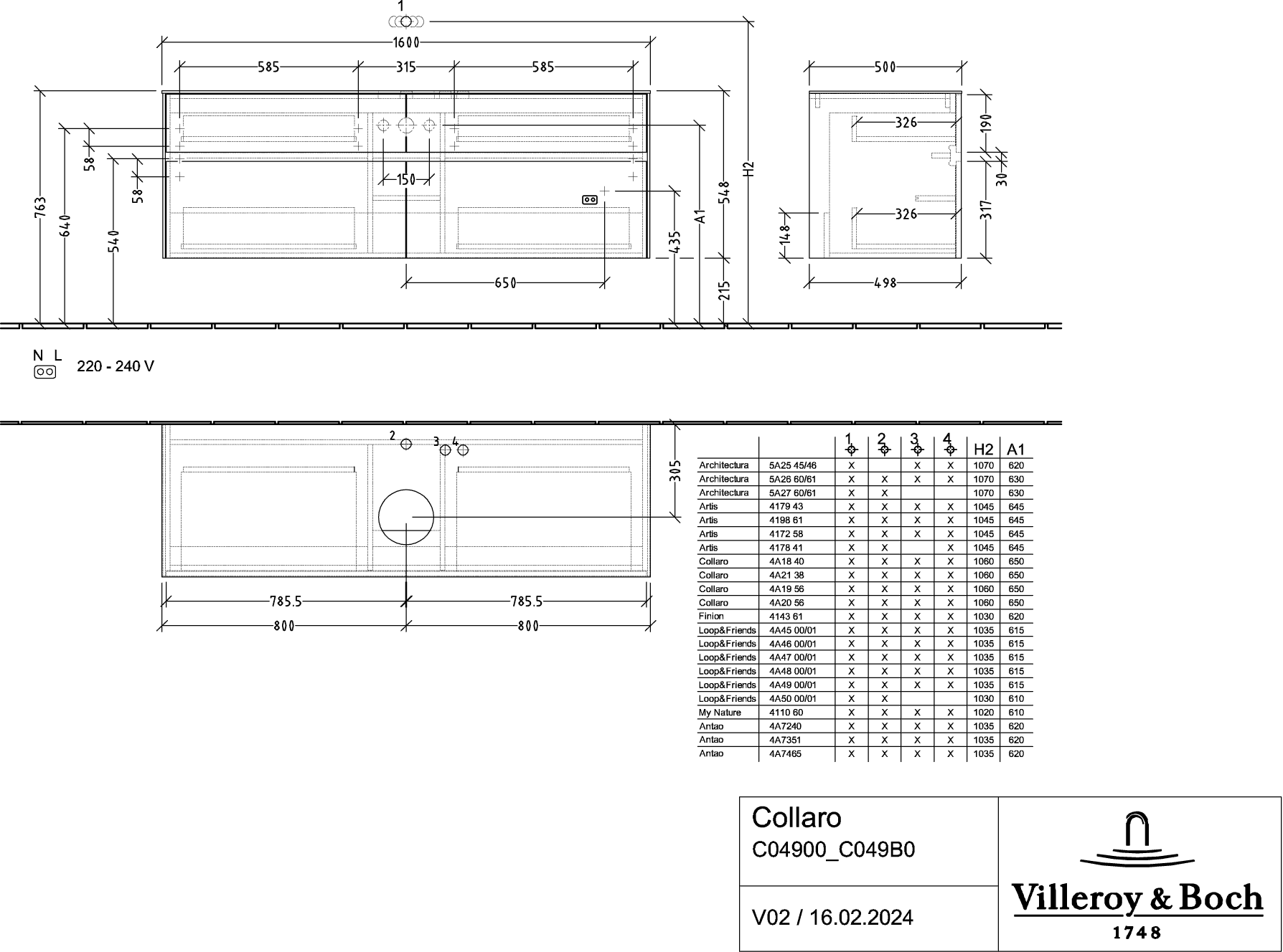 V&amp;B Waschtischunterschrank Collaro 160x54,8x50cm, Waschtisch mittig, LED-Beleuchtung 12W, kansas oak