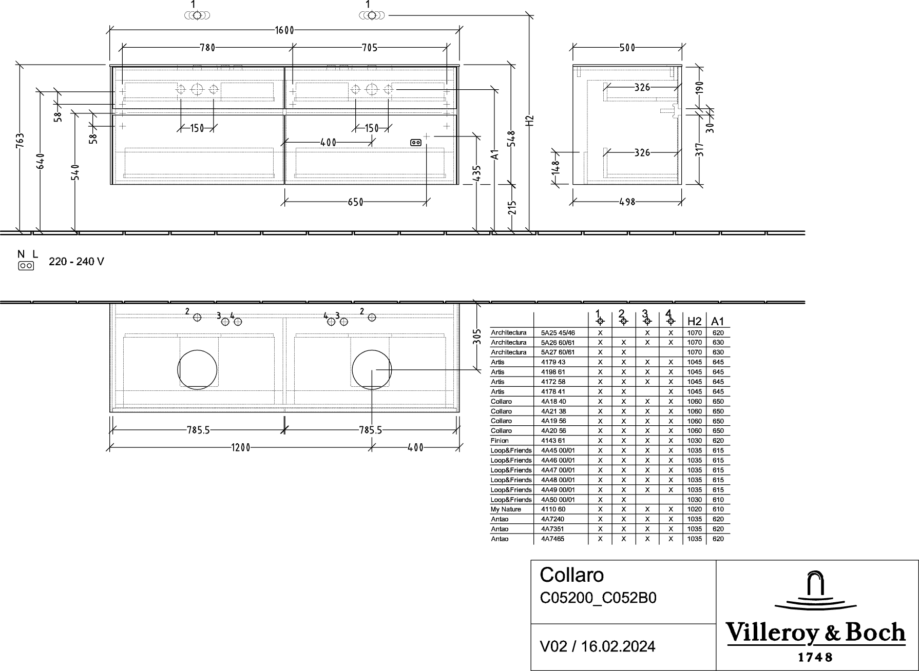 V&amp;B Waschtischunterschrank Collaro 160x54,8x50cm, für 2 Waschtische, mit LED-Beleuchtung, stone oak