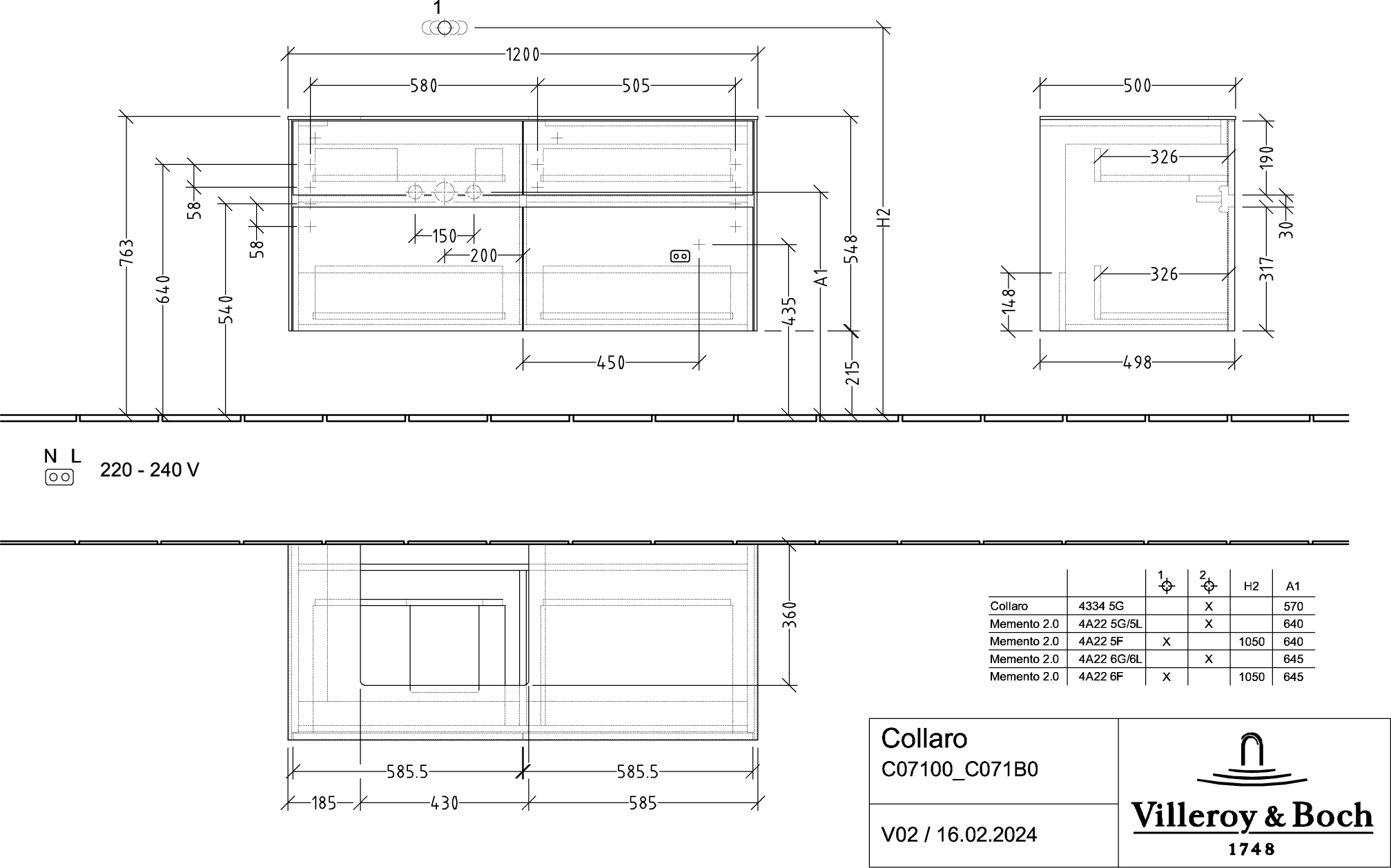 V&amp;B Waschtischunterschrank Collaro 120x54,8x50cm, Waschtisch links, LED-Beleuchtung 8,8 W, arizona oak