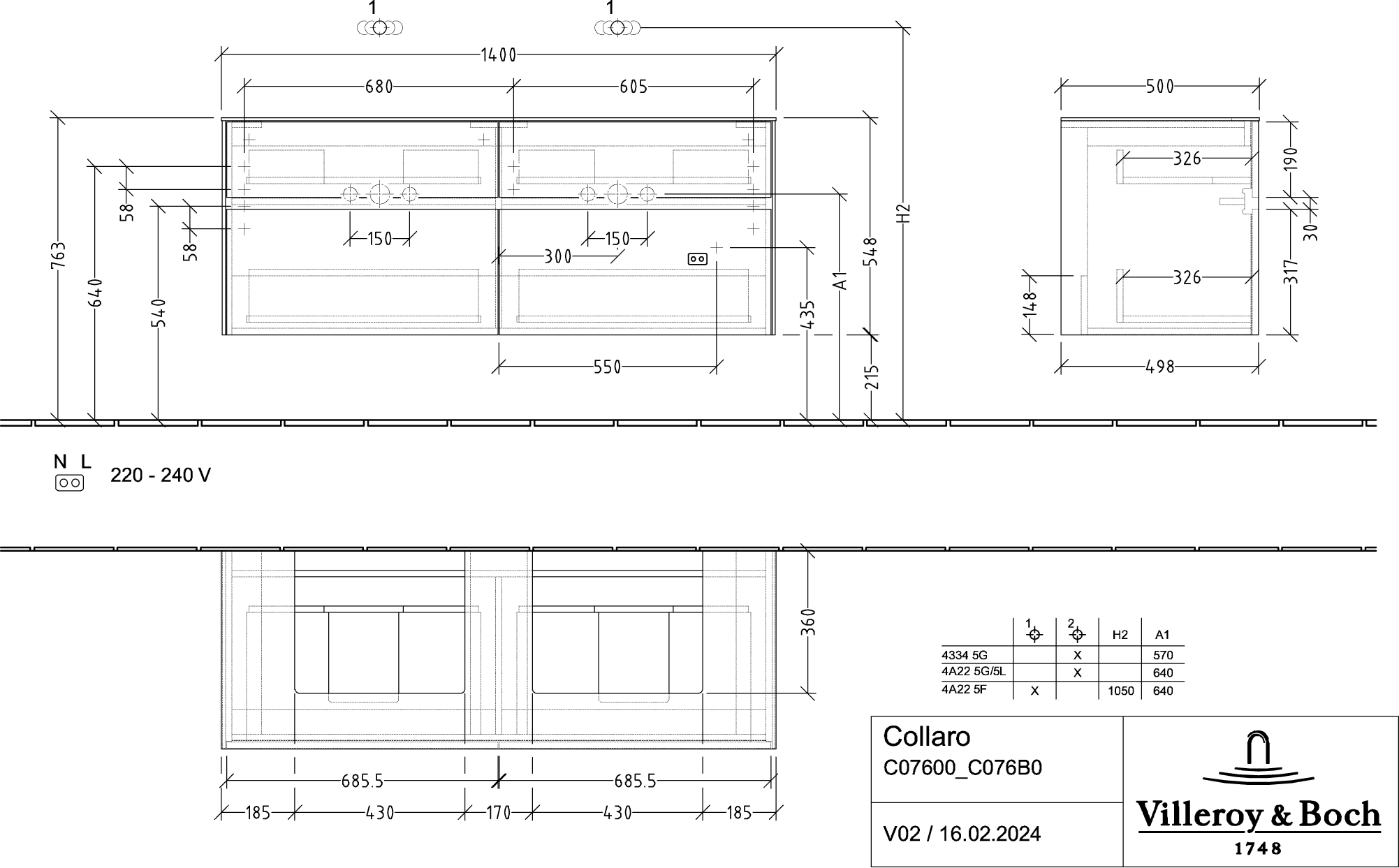 V&amp;B Waschtischunterschrank Collaro 140x54,8x50cm, für 2 Waschtische, arizona oak