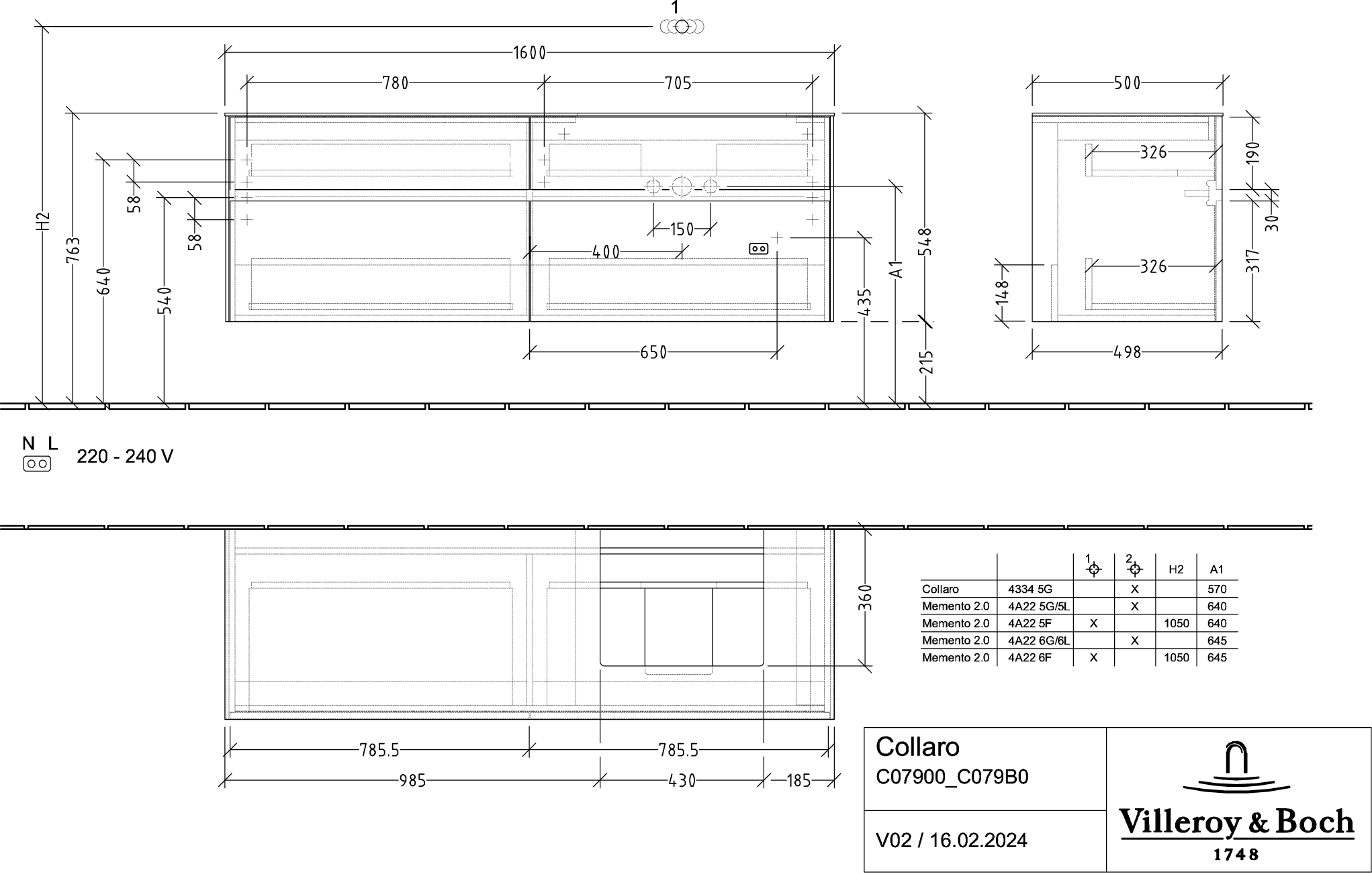 V&amp;B Waschtischunterschrank Collaro 160x54,8x50cm, Waschtisch rechts, stone oak