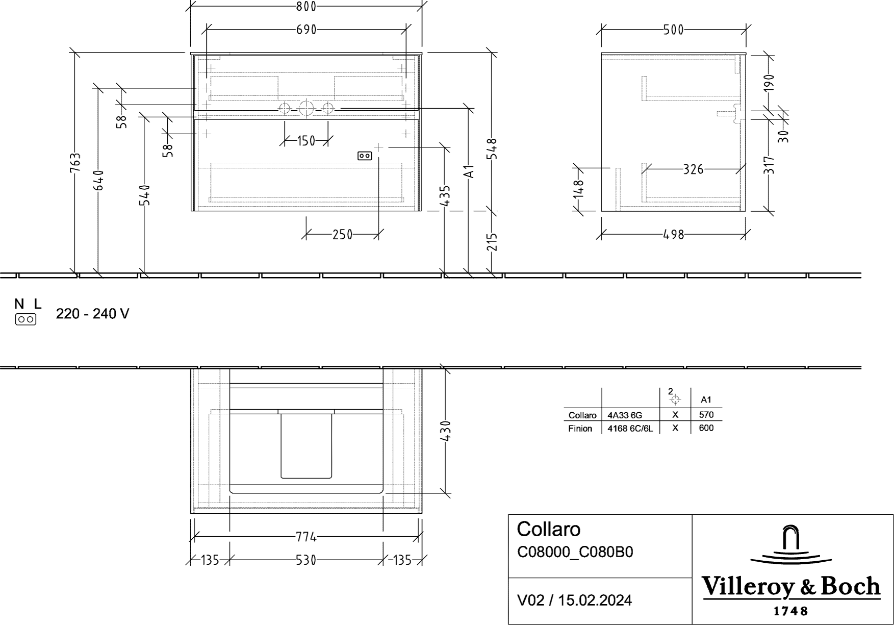 V&amp;B Waschtischunterschrank Collaro 80x54,8x50cm, Waschtisch mittig, kansas oak