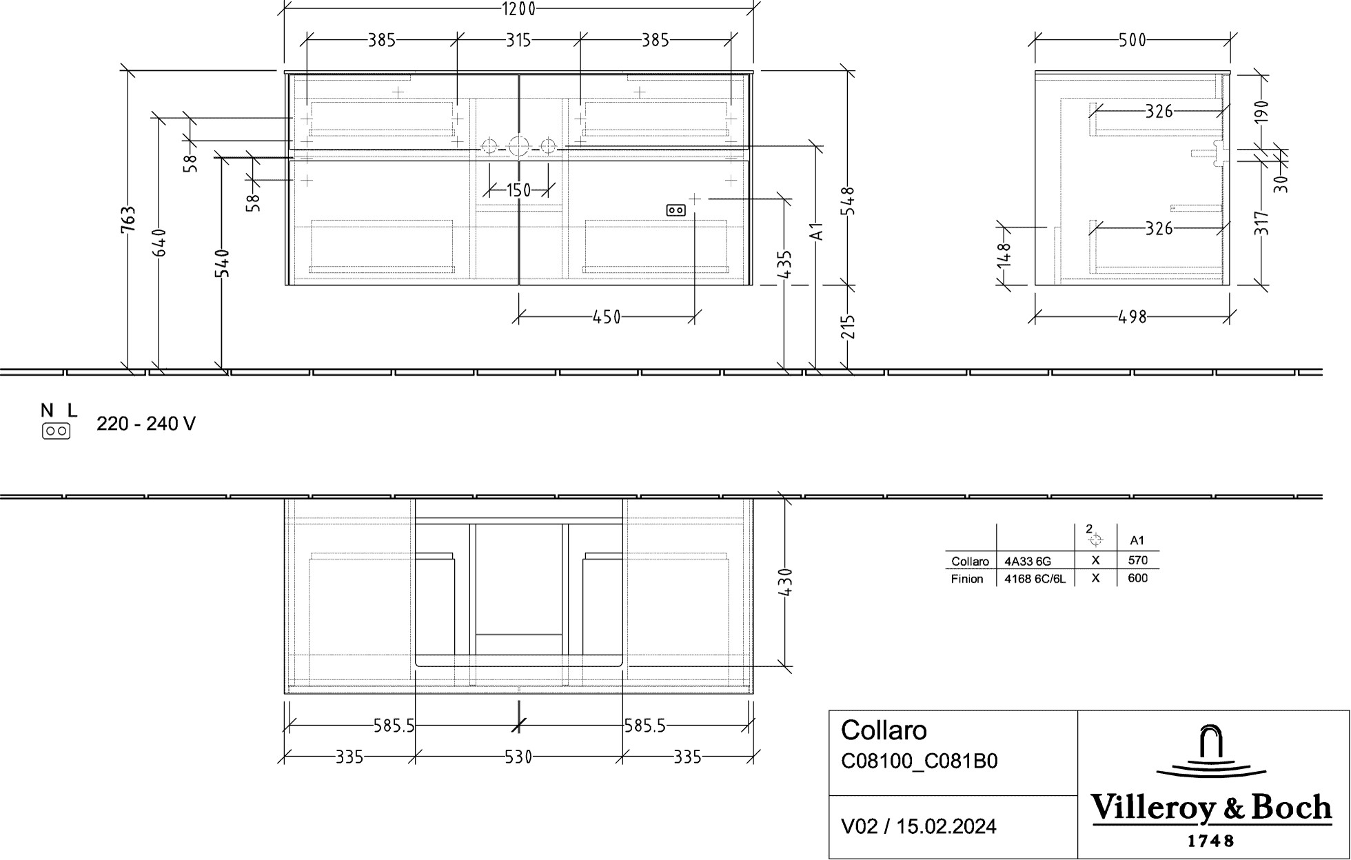 V&amp;B Waschtischunterschrank Collaro 120x54,8x50cm, Waschtisch mittig, LED-Beleuchtung 8,8 W, white matt