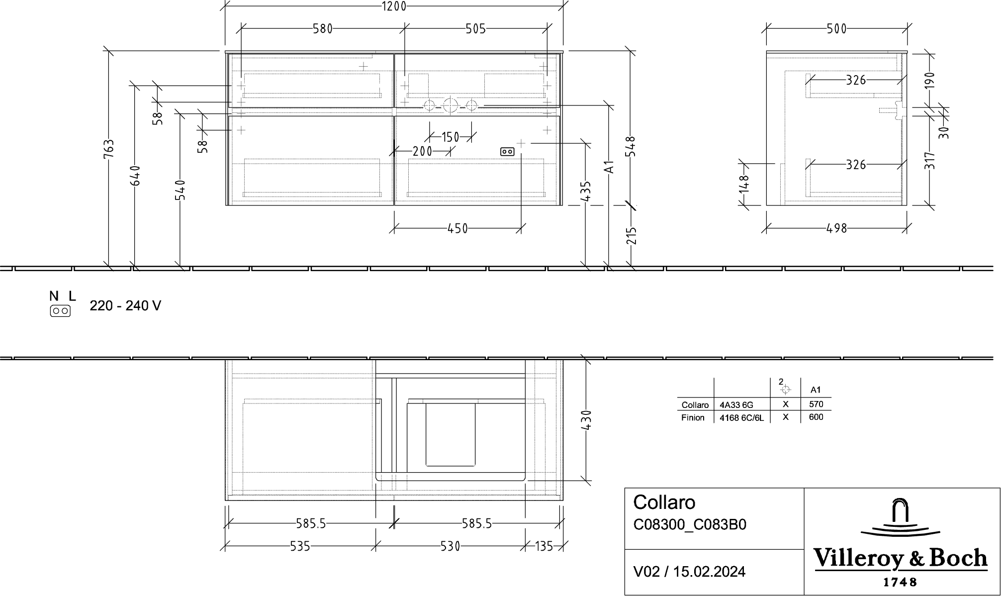 V&amp;B Waschtischunterschrank Collaro 120x54,8x50cm, Waschtisch rechts, nordic oak