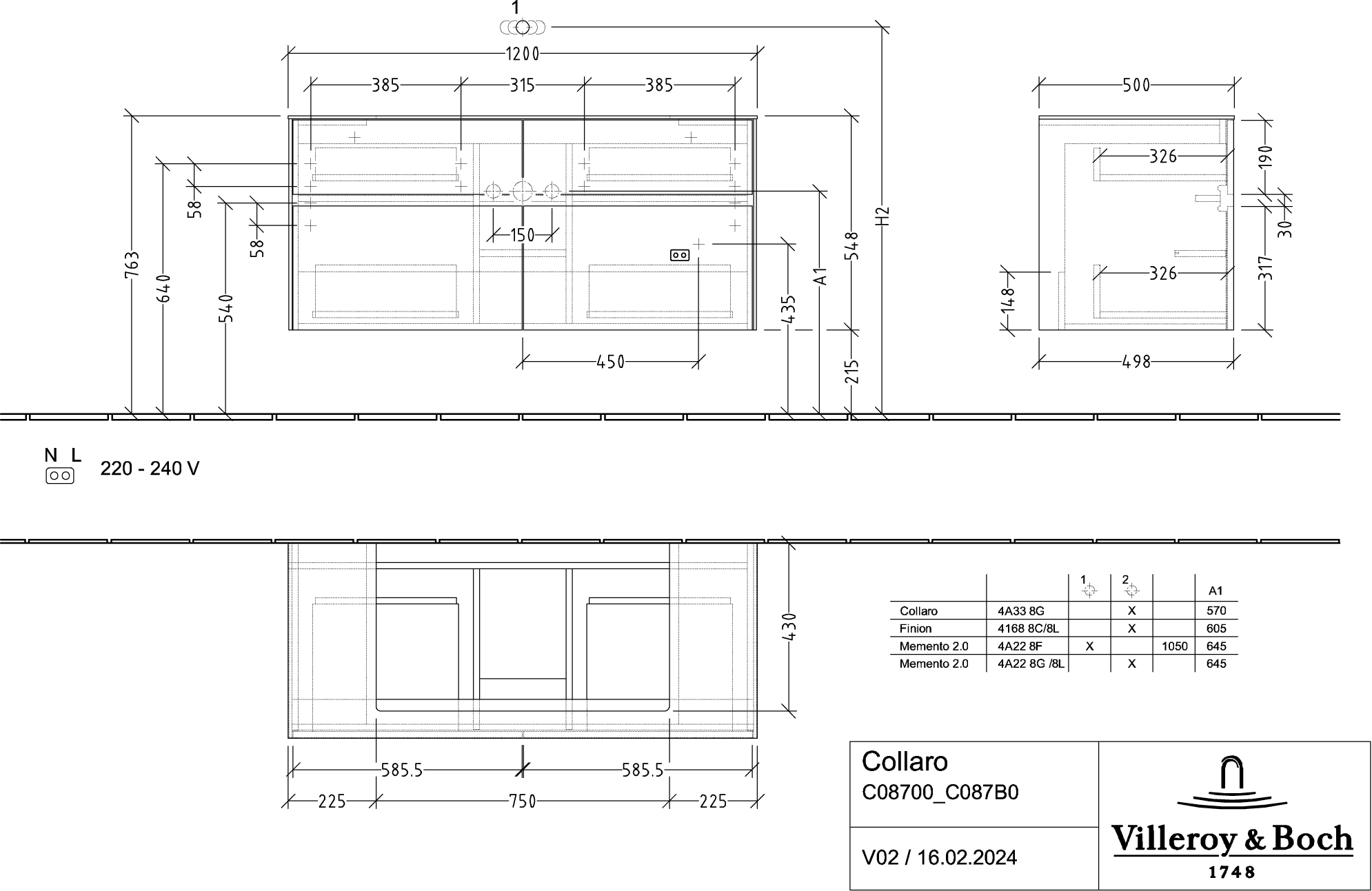 V&amp;B Waschtischunterschrank Collaro 120x54,8x50cm, Waschtisch mittig, LED-Beleuchtung 8,8 W, white matt