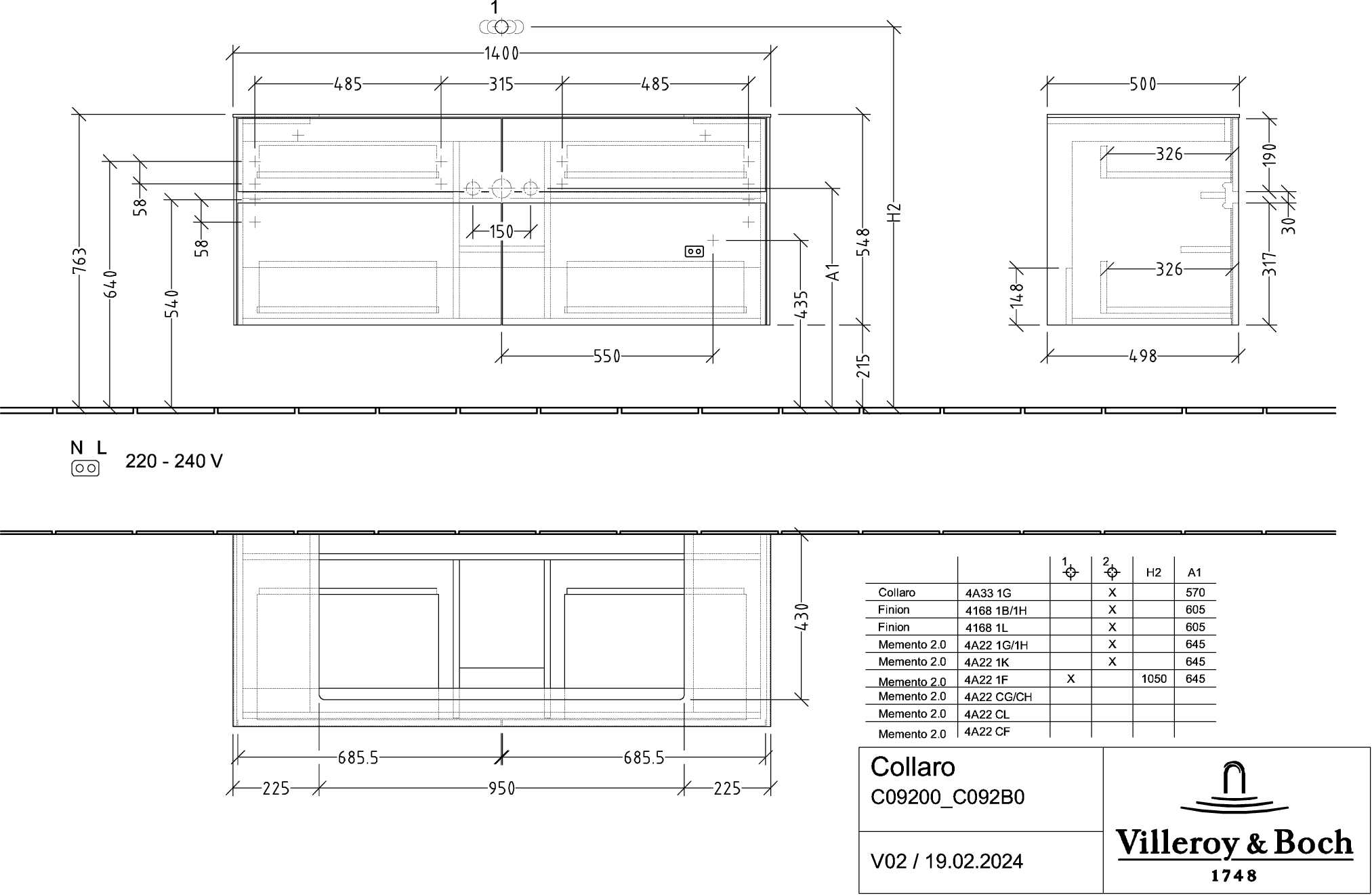 V&amp;B Waschtischunterschrank Collaro 140x54,8x50cm, Waschtisch mittig, LED-Beleuchtung 10,4 W, glossy white