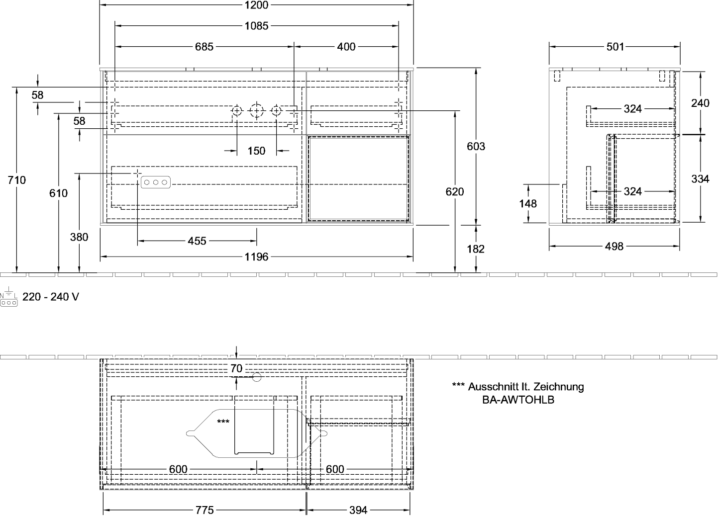 V&B Waschtisch-Unterschrank Finion 120cm, Abdeckplatte black matt, Regal rechts Peony, Black matt lacquer