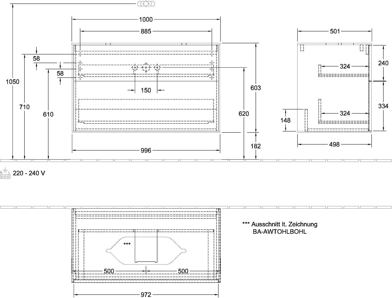 V&amp;B Waschtisch-Unterschrank Finion 100x60,3x50,1mm, Glass Black Matt, Walnut veneer